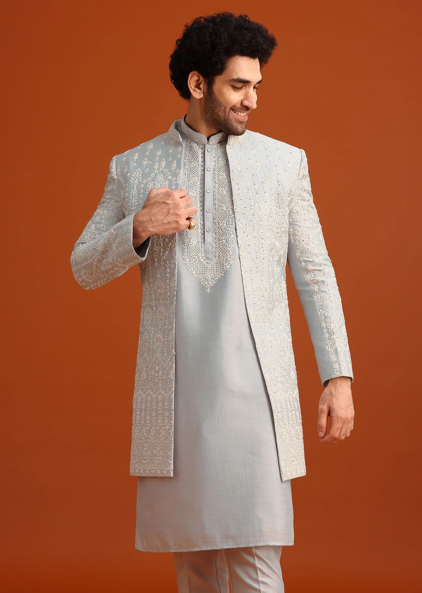 Aqua Blue Hand Embroidered Sherwani Set - Image 3