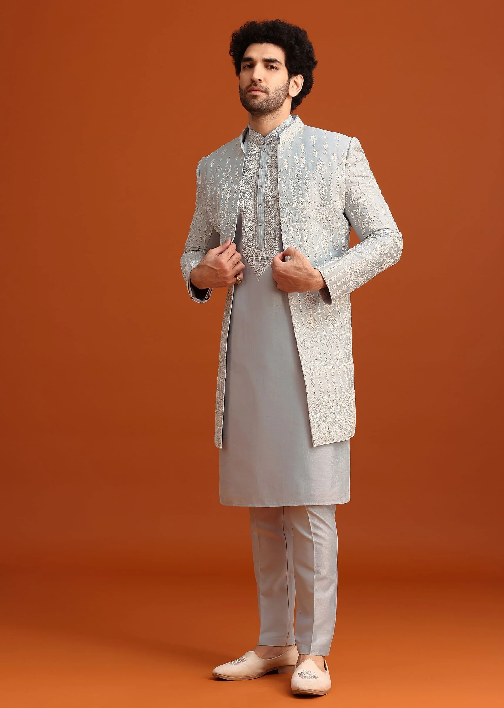 Aqua Blue Hand Embroidered Sherwani Set - Image 4
