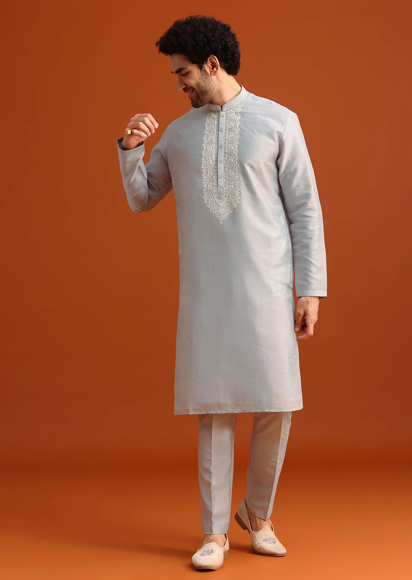 Aqua Blue Hand Embroidered Sherwani Set - Image 6