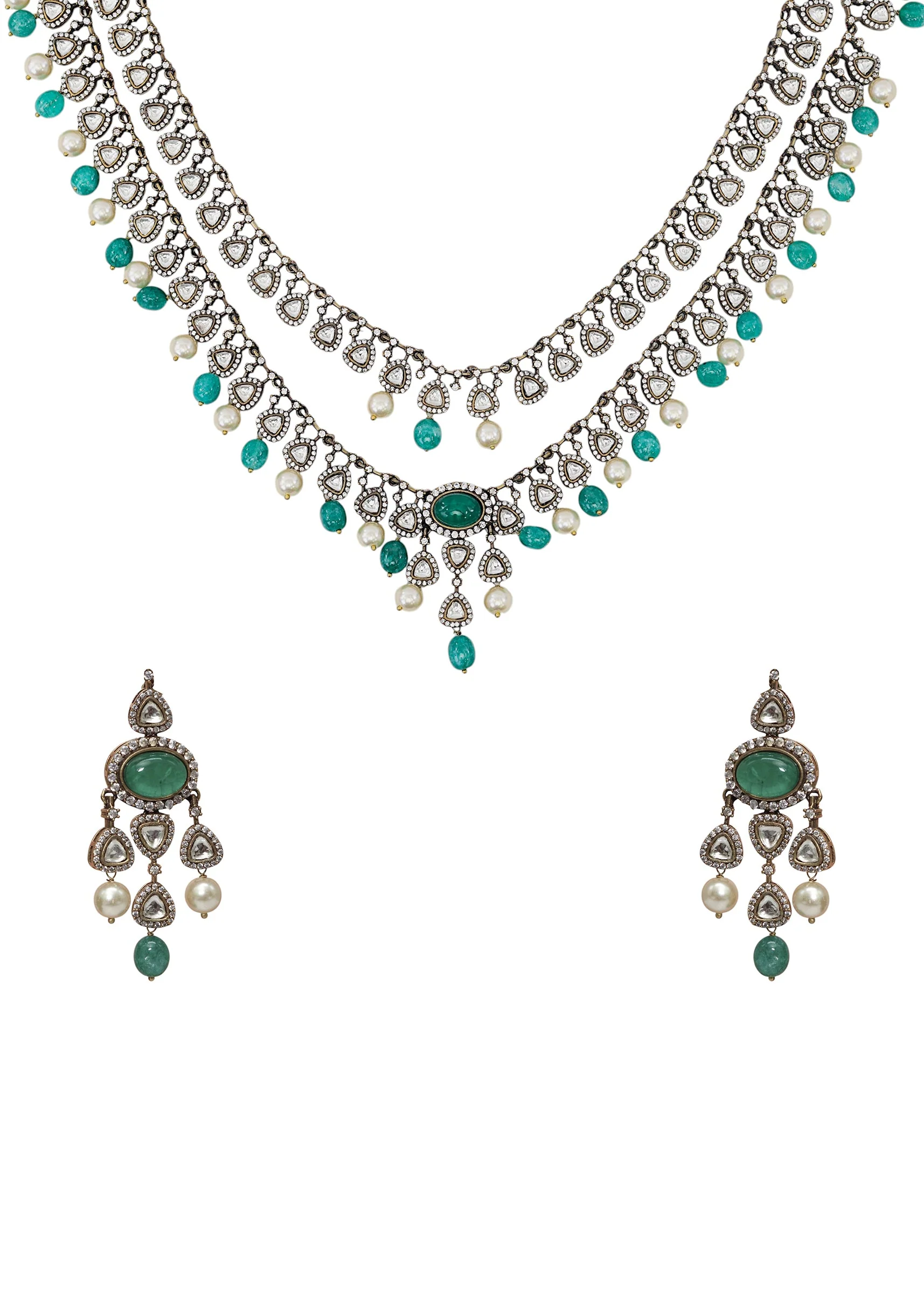 Aqua Blue Layered Modern Polki And Pendant Necklace Set - Image 2