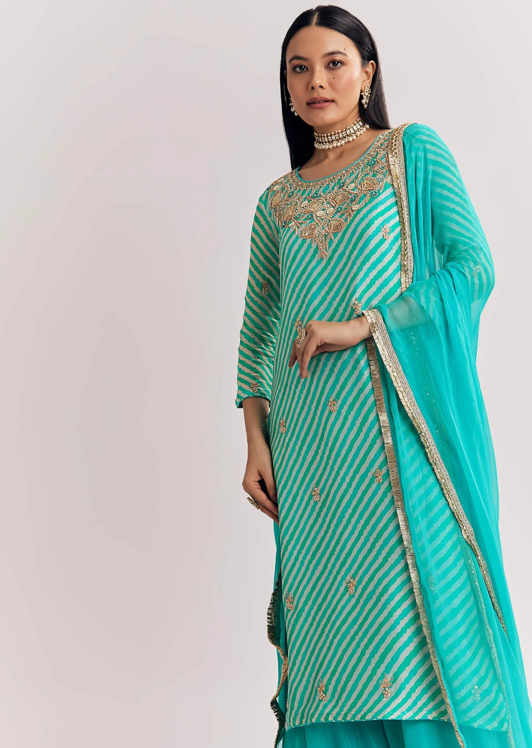 Aqua Blue Leheriya Kurta Palazzo Suit With Zardosi And Moti Work - Image 3
