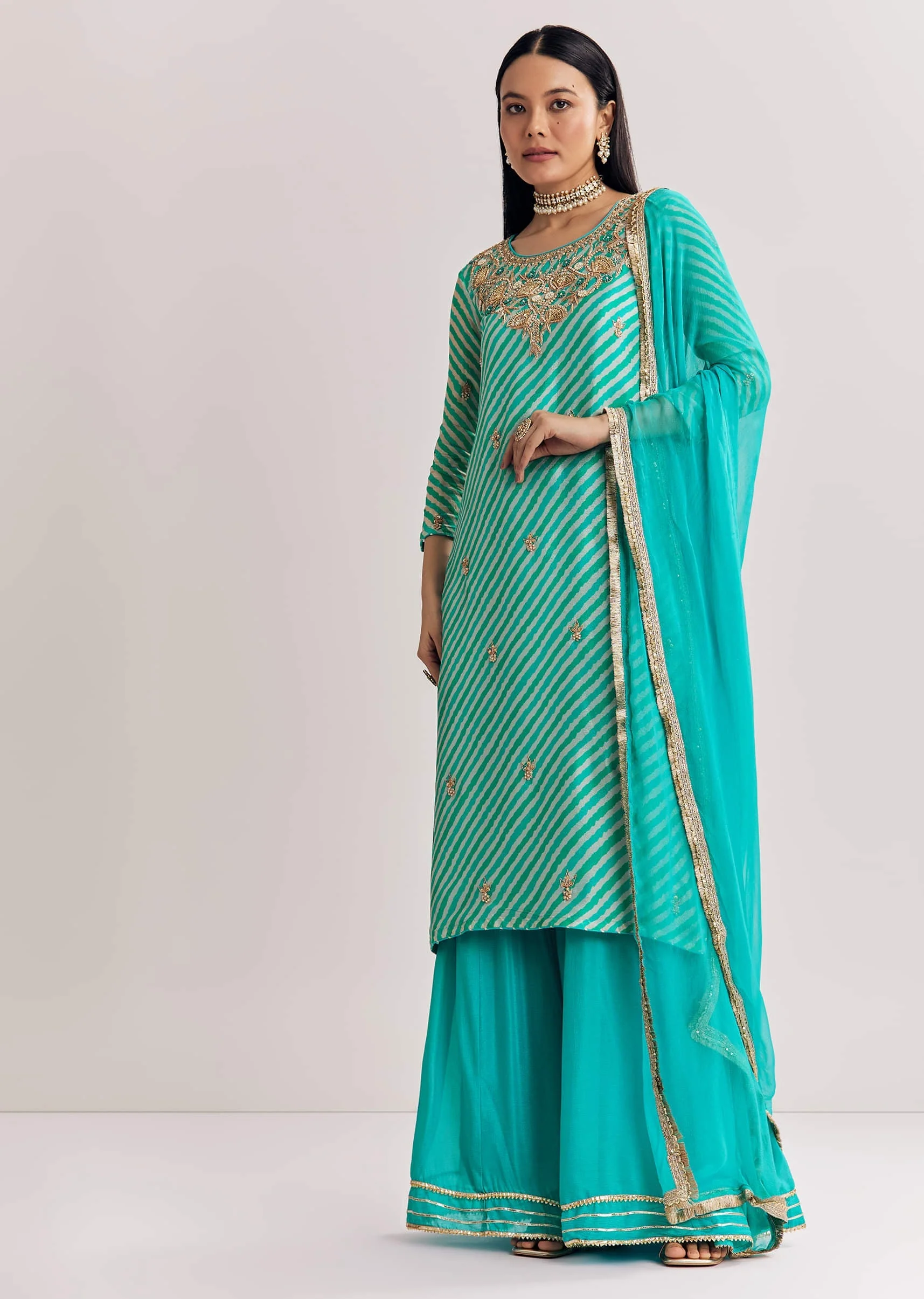 Aqua Blue Leheriya Kurta Palazzo Suit With Zardosi And Moti Work - Image 4