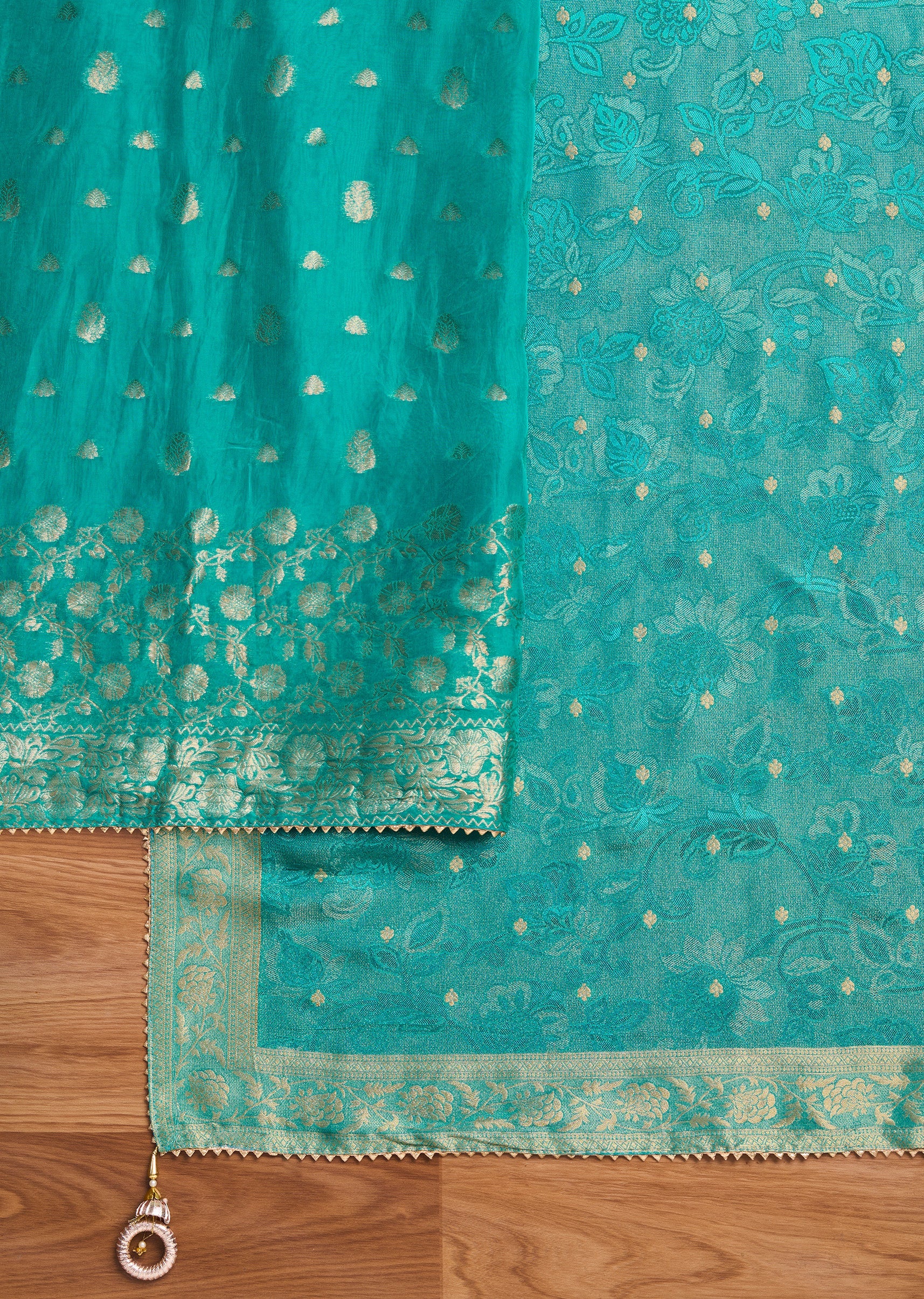 Aqua Blue Organza Brocade Unstitched Suit Set - Image 3