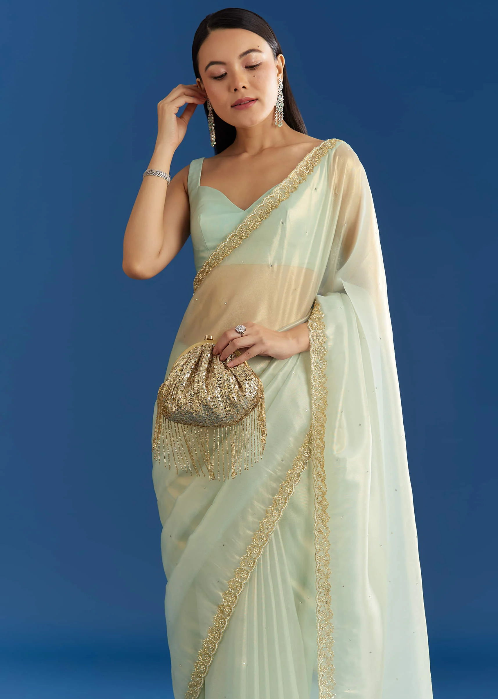 Aqua Blue Organza Tissue Embellishd Saree With Scallop Border - Image 2