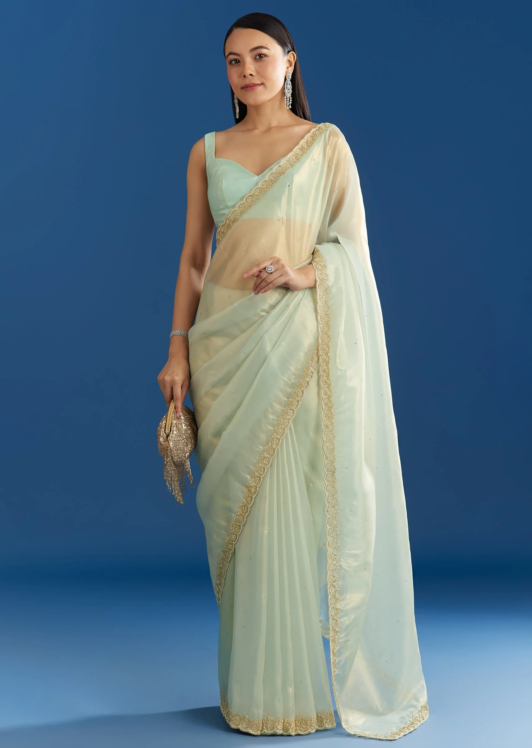 Aqua Blue Organza Tissue Embellishd Saree With Scallop Border - Image 3