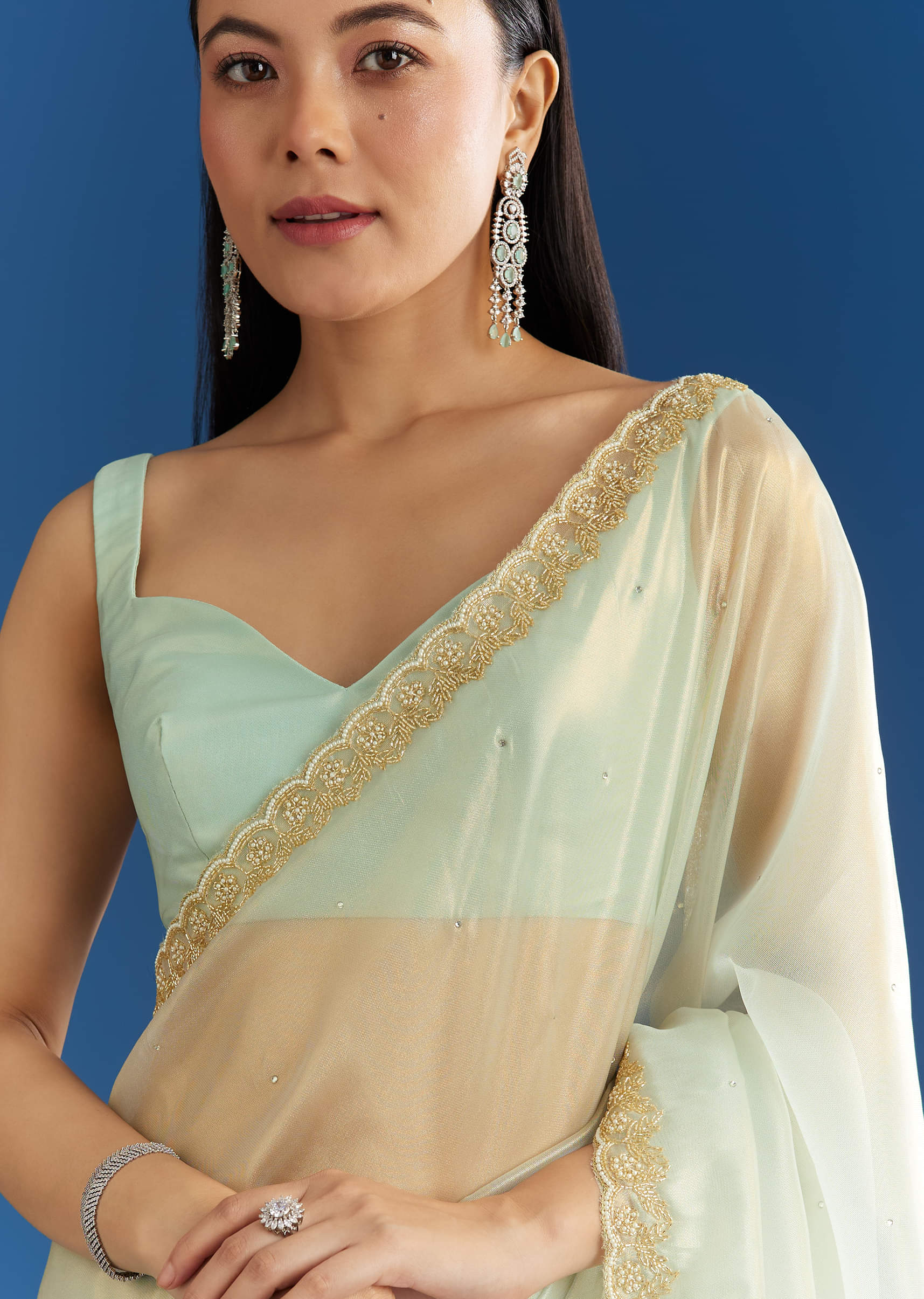 Aqua Blue Organza Tissue Embellishd Saree With Scallop Border - Image 5