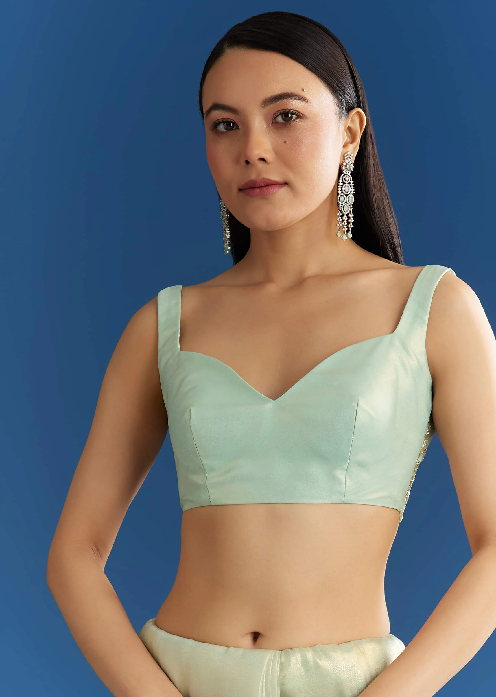 Aqua Blue Organza Tissue Embellishd Saree With Scallop Border - Image 7