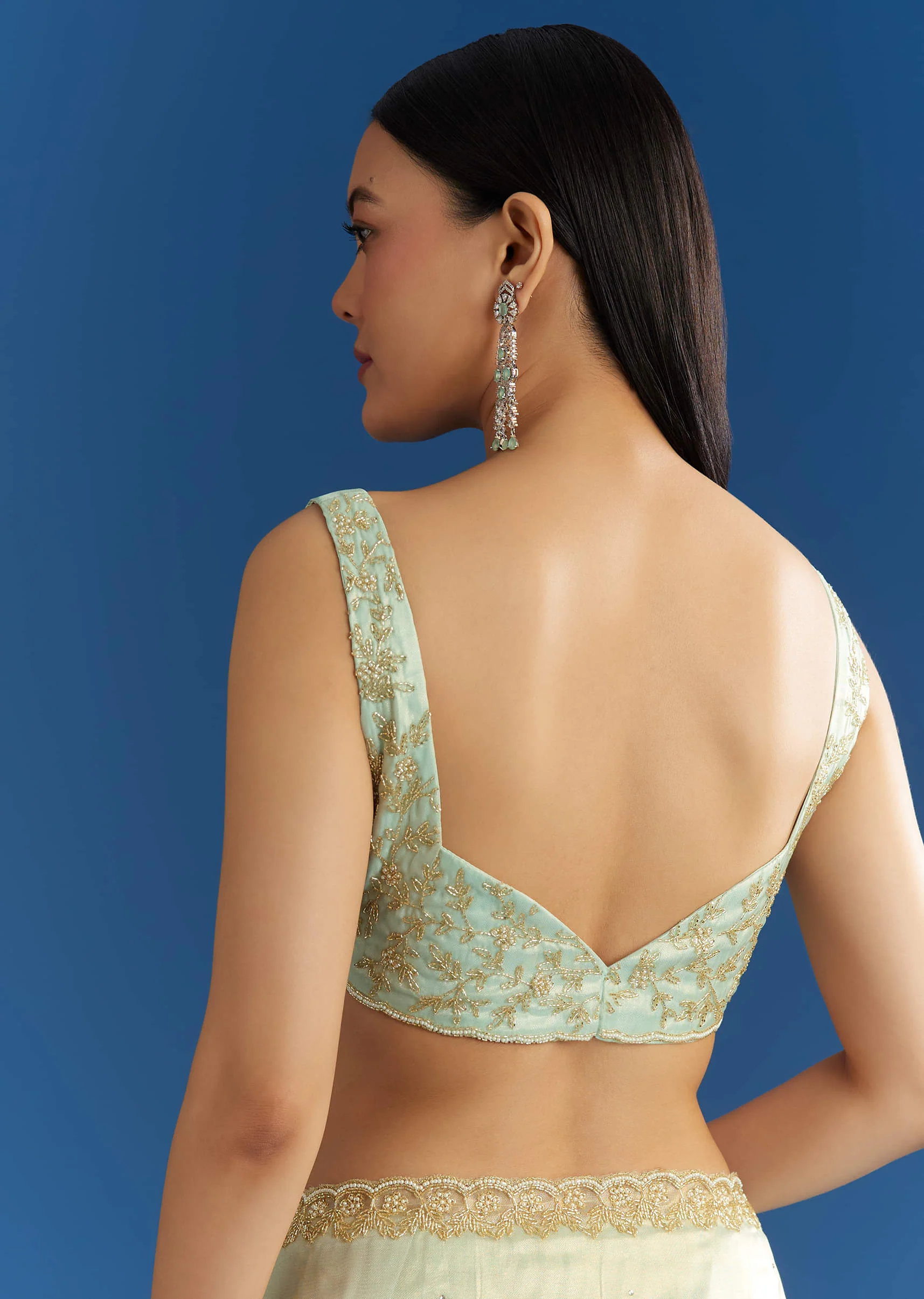 Aqua Blue Organza Tissue Embellishd Saree With Scallop Border - Image 8