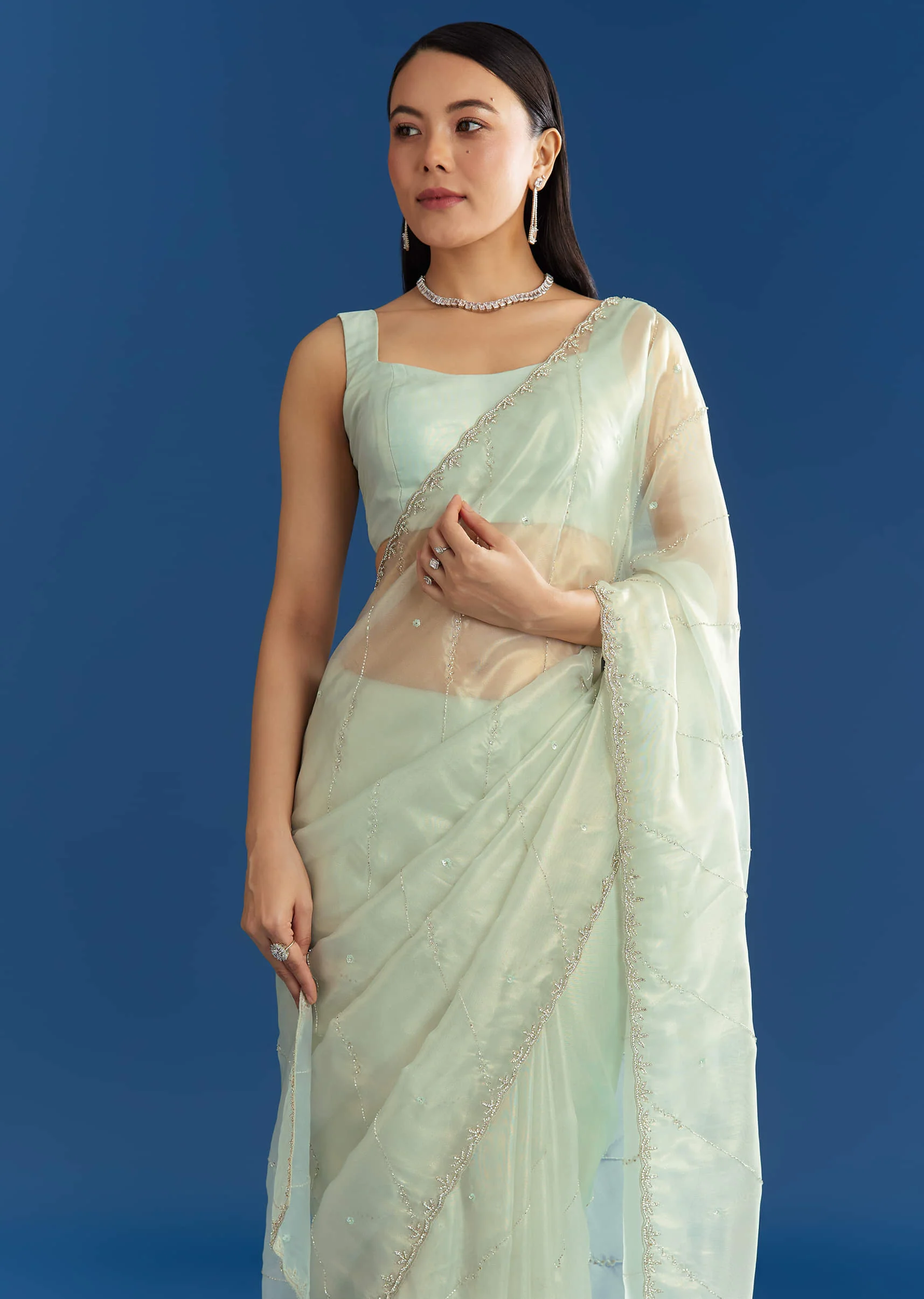 Aqua Blue Organza Tissue Saree With Embellished Border - Image 2
