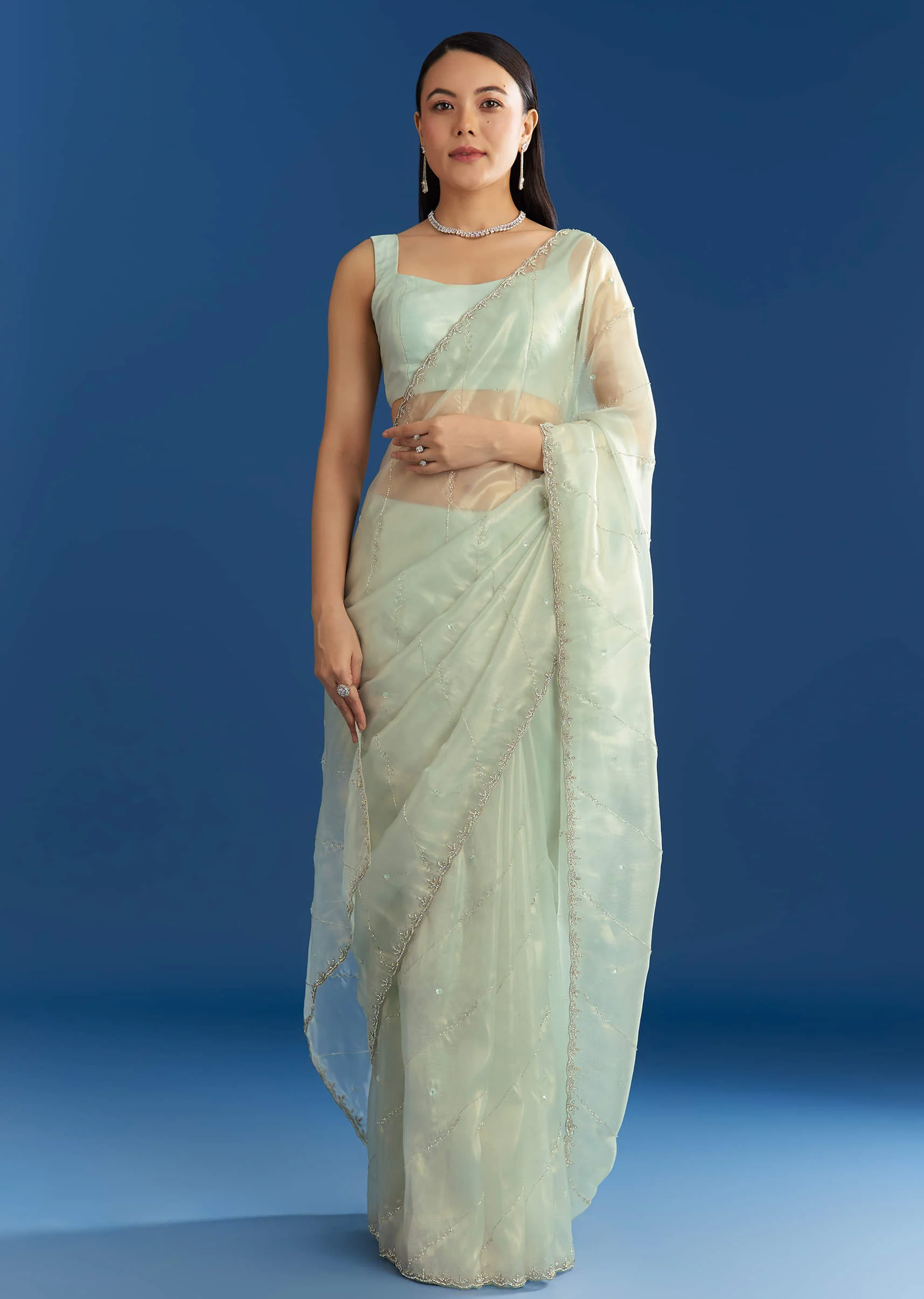 Aqua Blue Organza Tissue Saree With Embellished Border - Image 3