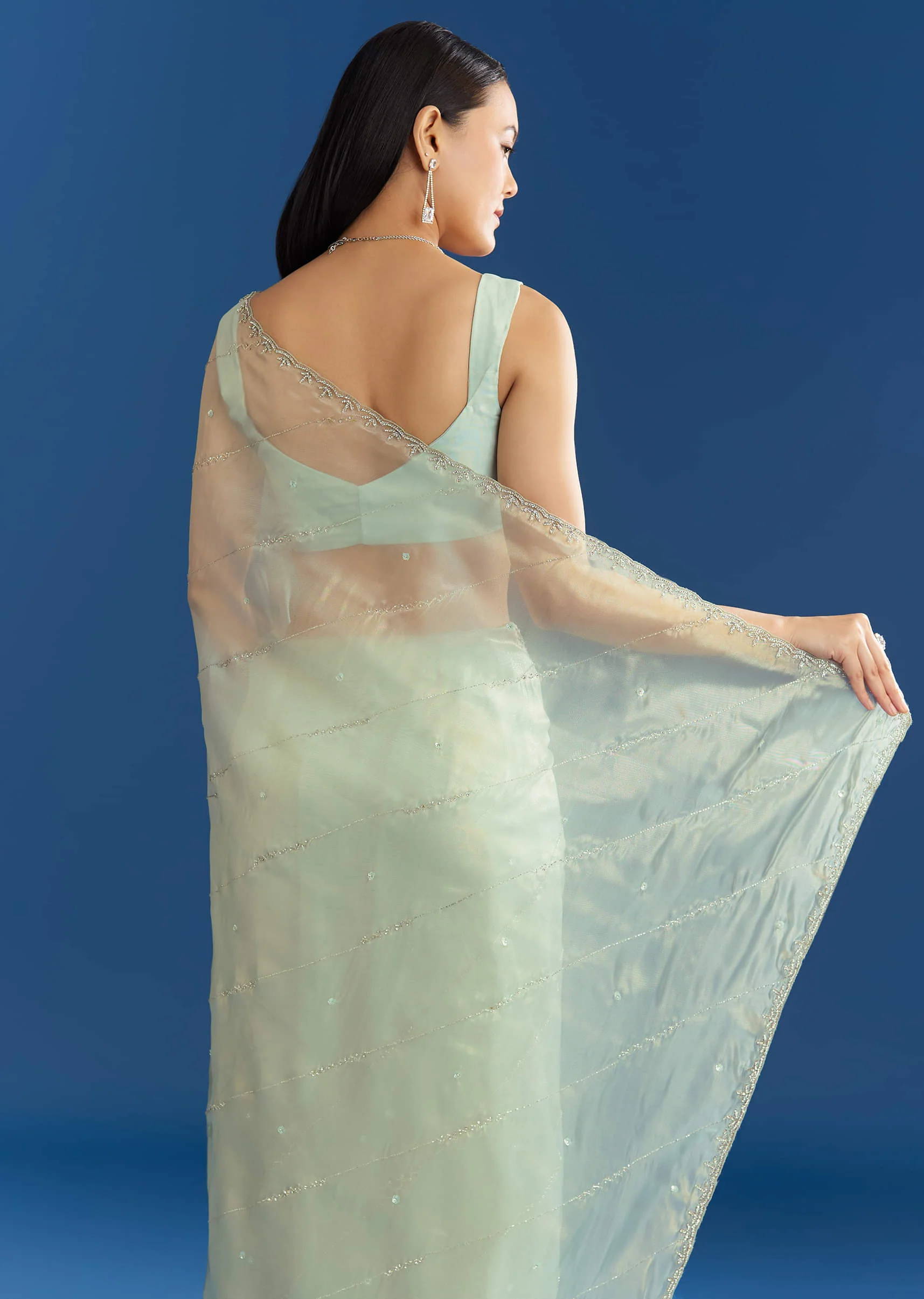 Aqua Blue Organza Tissue Saree With Embellished Border - Image 4