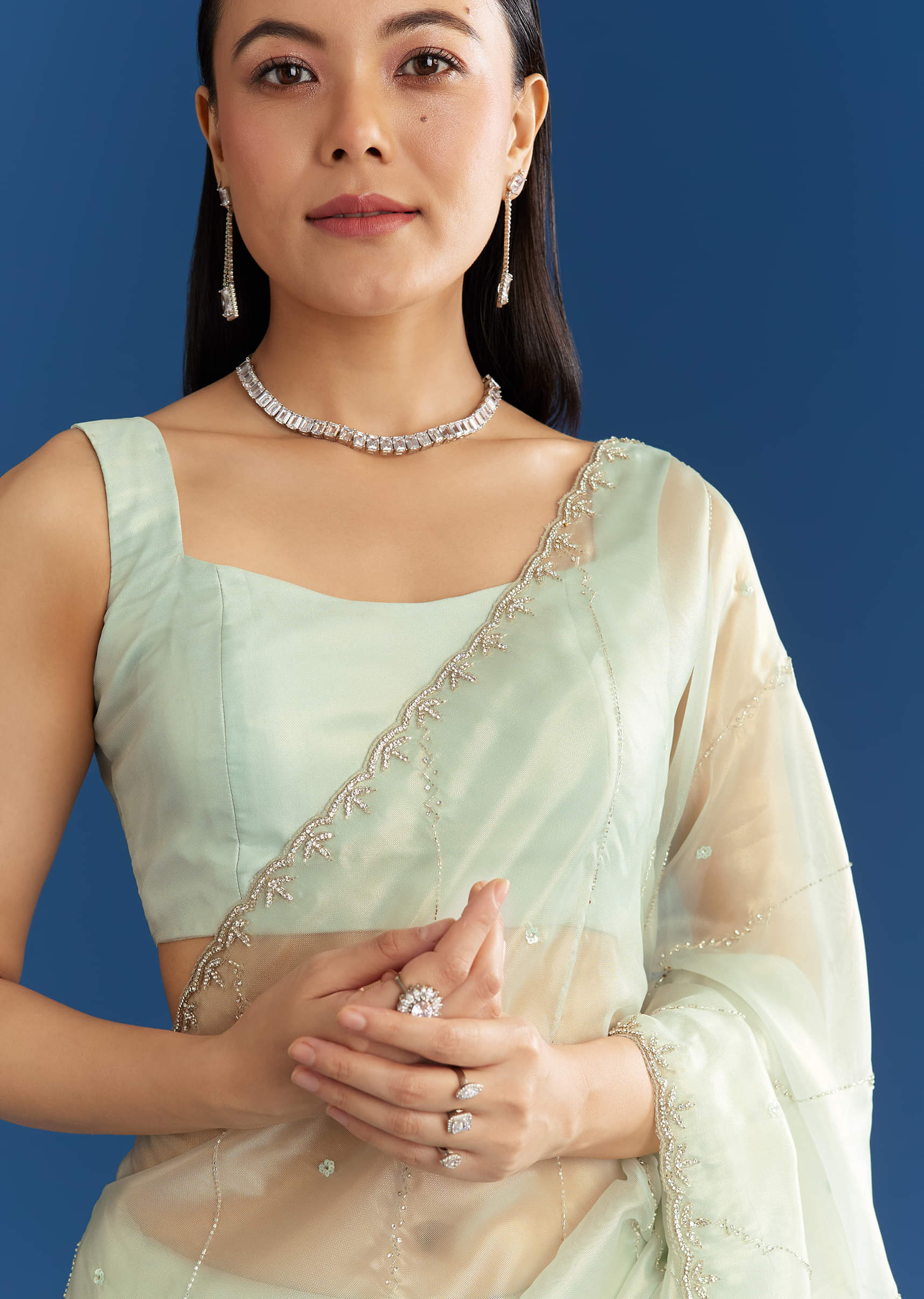 Aqua Blue Organza Tissue Saree With Embellished Border - Image 5