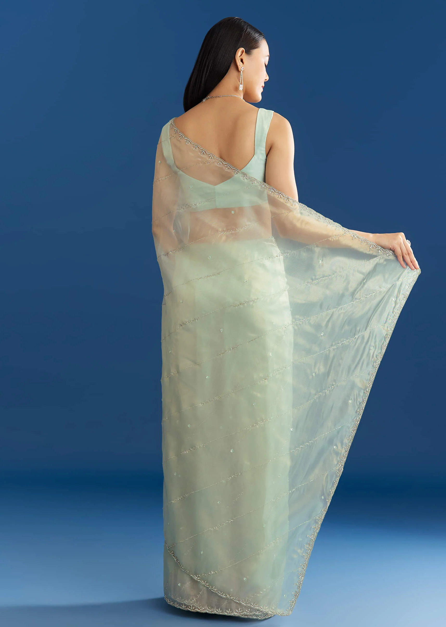 Aqua Blue Organza Tissue Saree With Embellished Border - Image 6