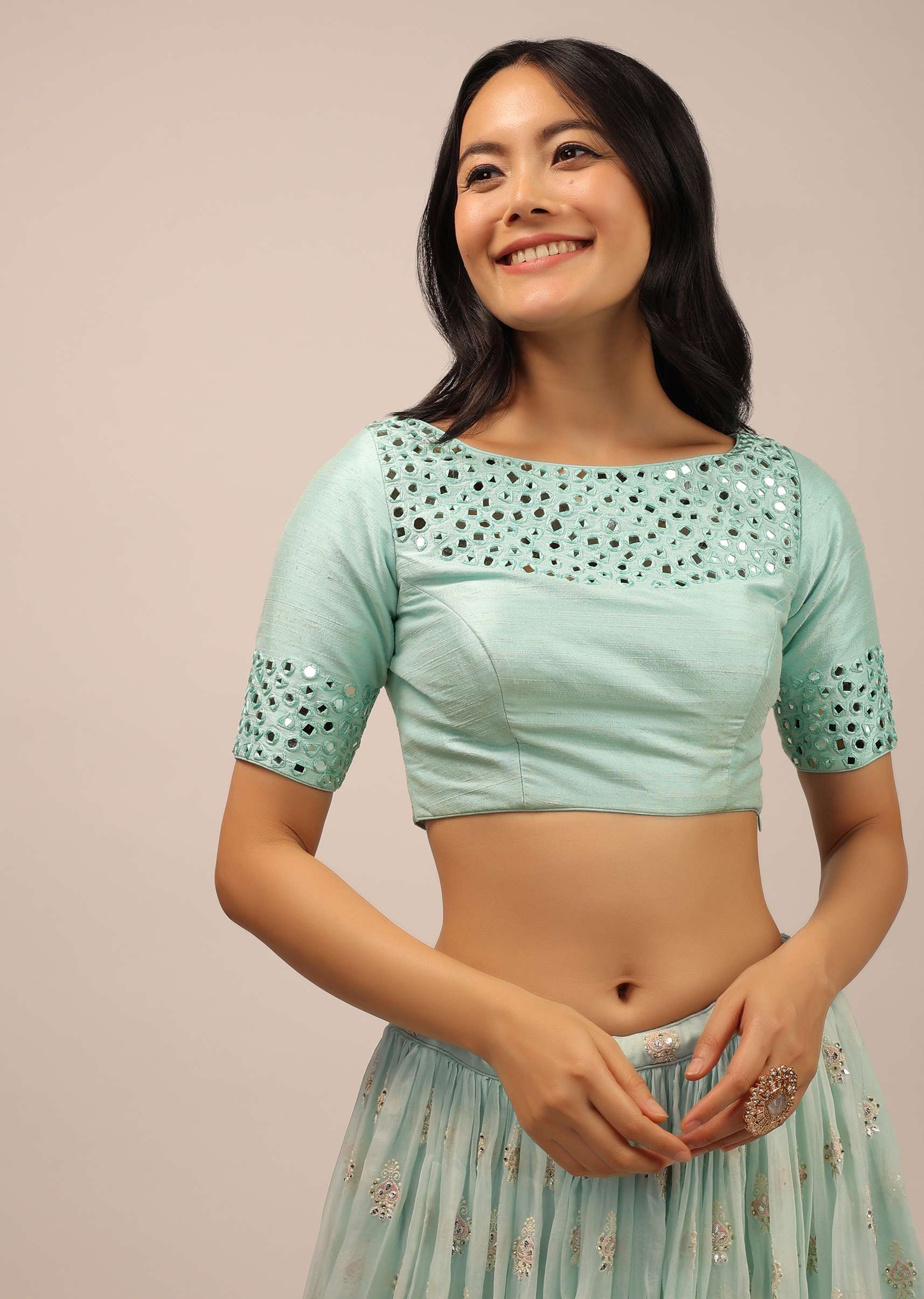 Aqua Blue Padded Blouse With Mirror Work And Half Sleeves - Image 3