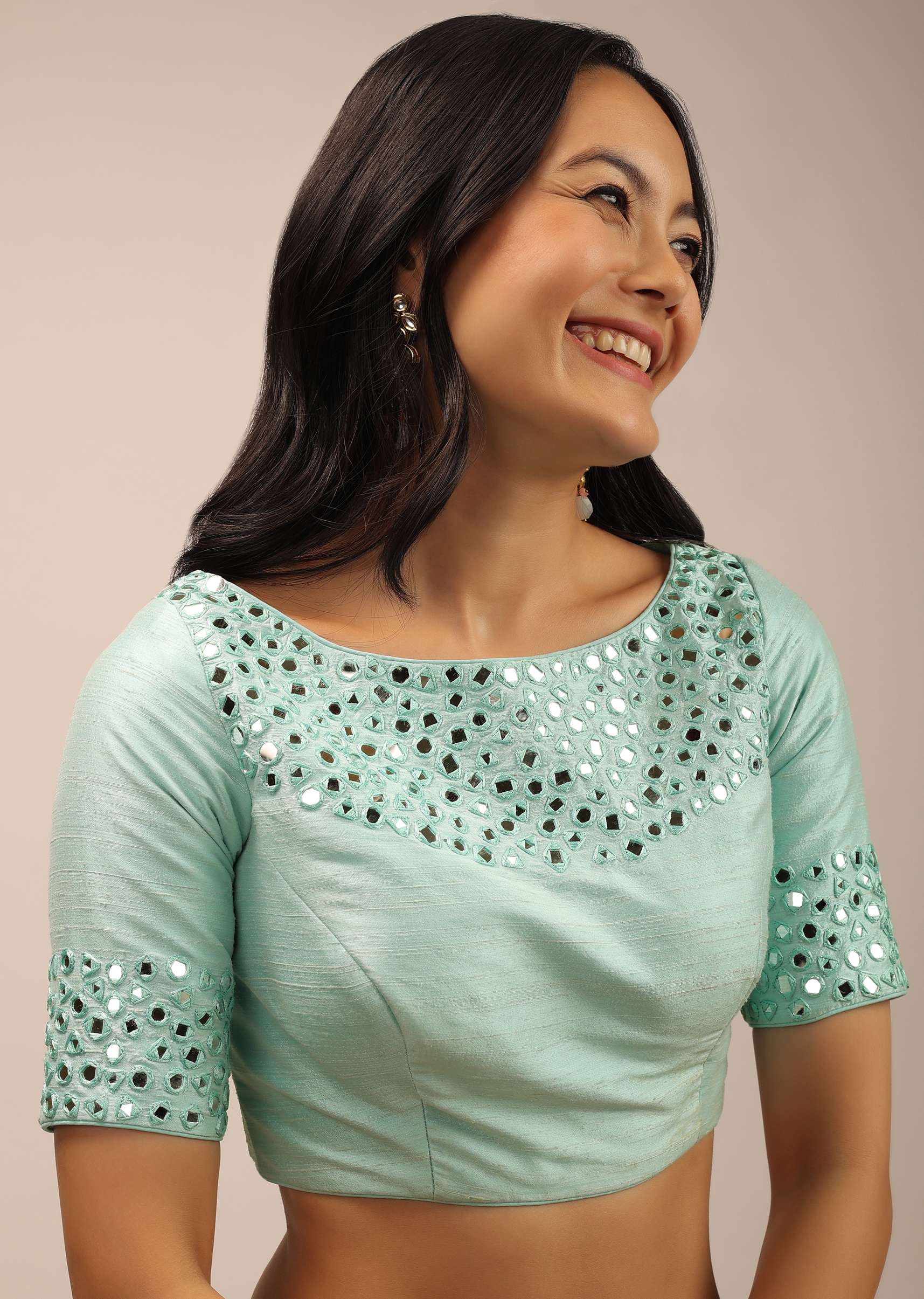 Aqua Blue Padded Blouse With Mirror Work And Half Sleeves - Image 4