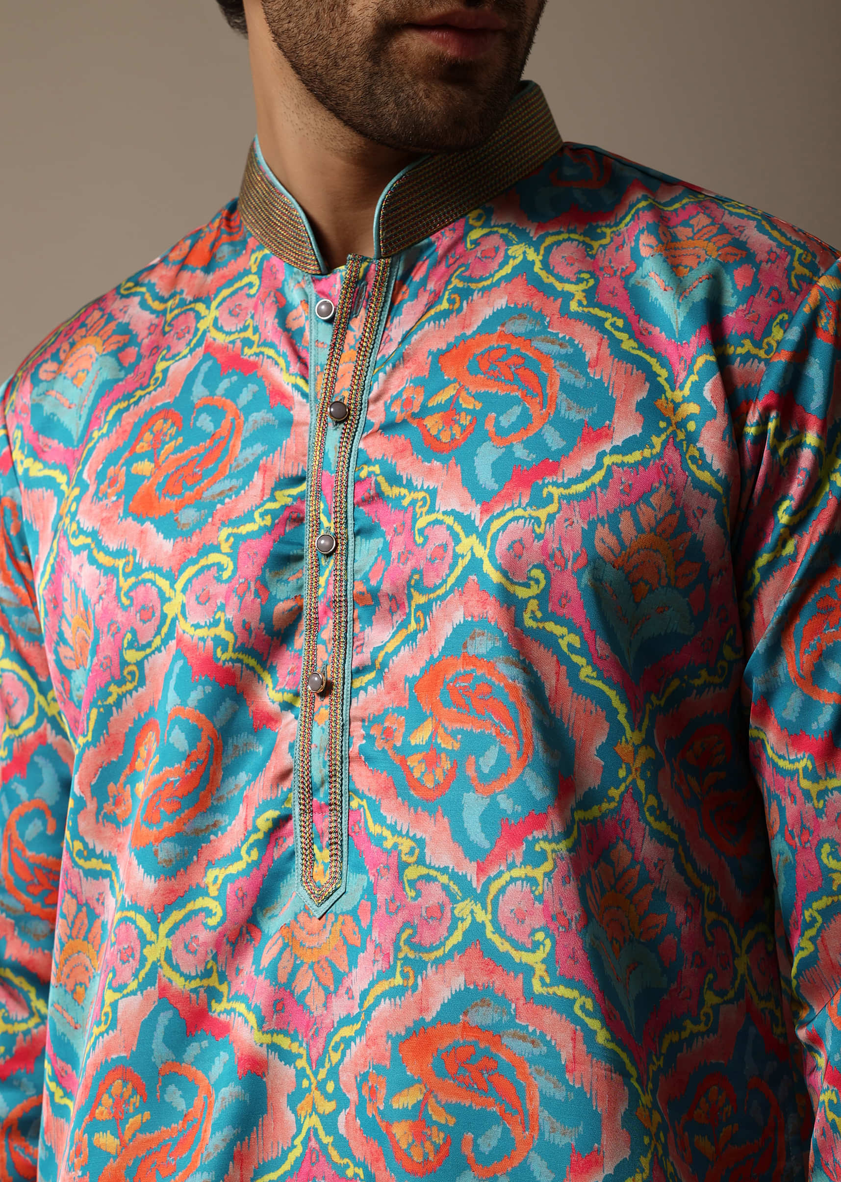 Aqua Blue Printed Silk Kurta Set For Men - Image 2