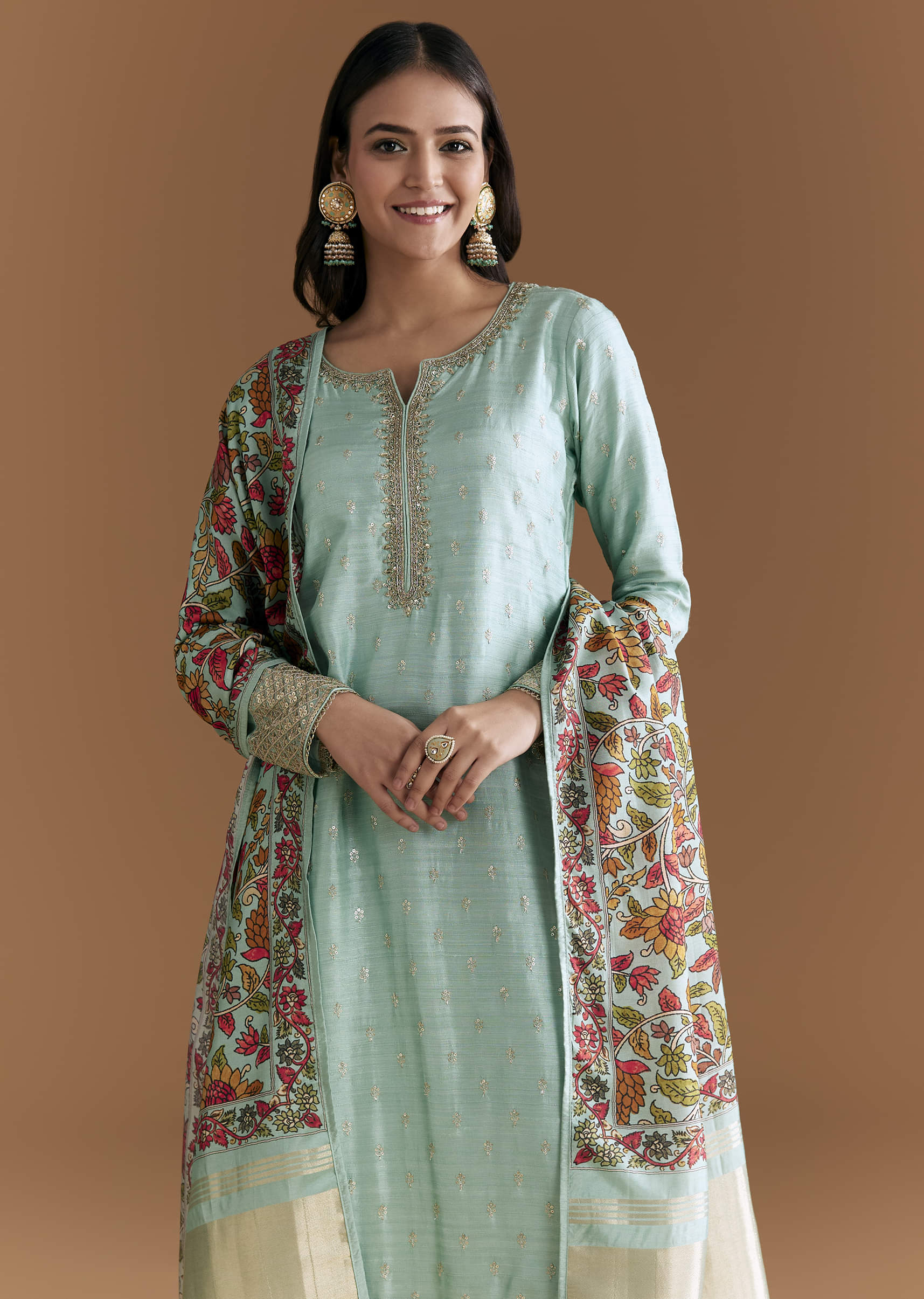 Aqua Blue Silk Embroidered Kurta Set With Kalamkari Floral Print Dupatta - Image 4