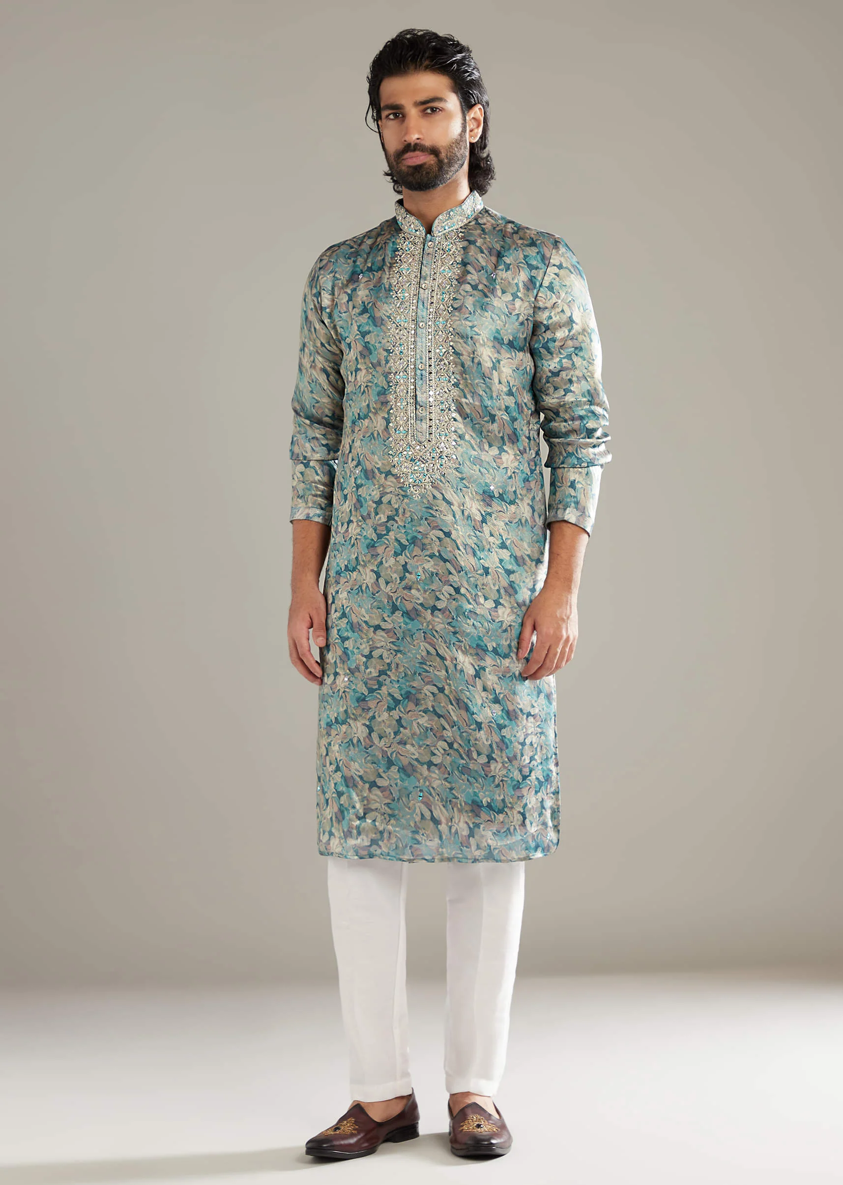 Aqua Blue Silk Kurta Set For Men With Hand Embroidery And Floral Print - Image 2