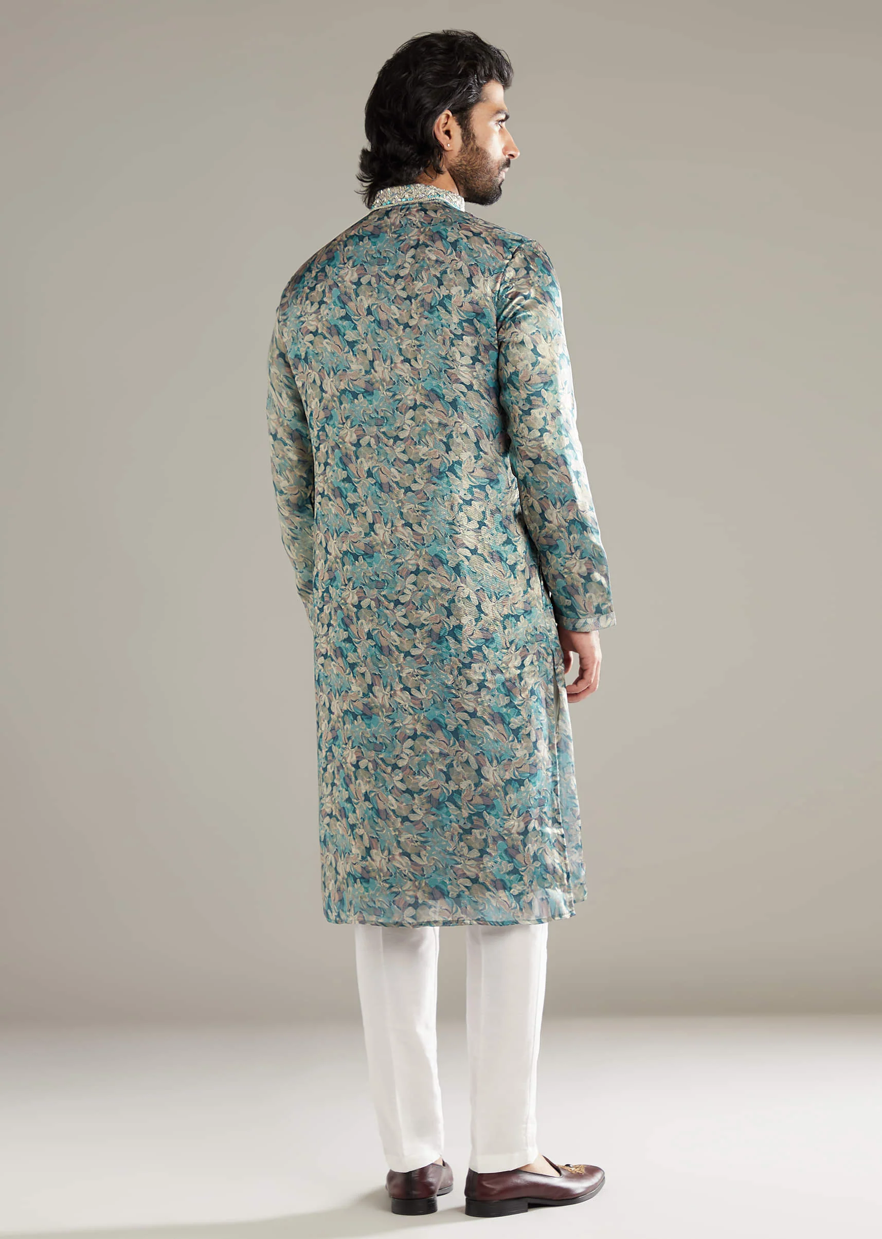 Aqua Blue Silk Kurta Set For Men With Hand Embroidery And Floral Print - Image 3