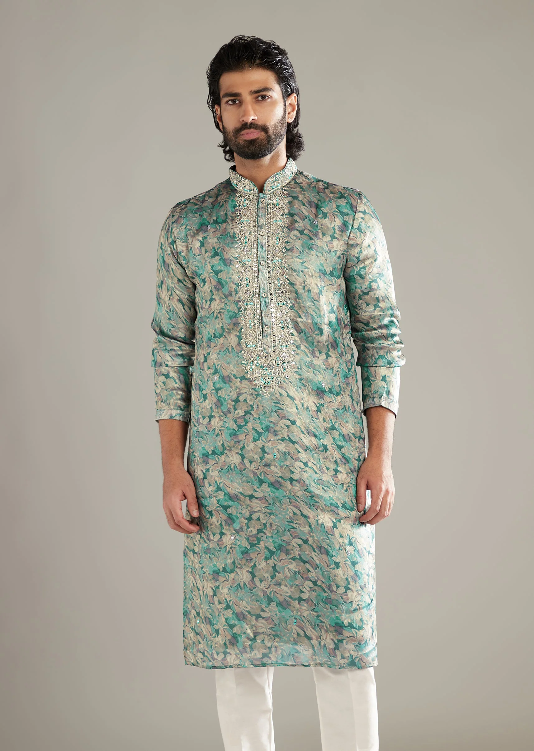 Aqua Blue Silk Kurta Set For Men With Hand Embroidery And Floral Print - Image 4