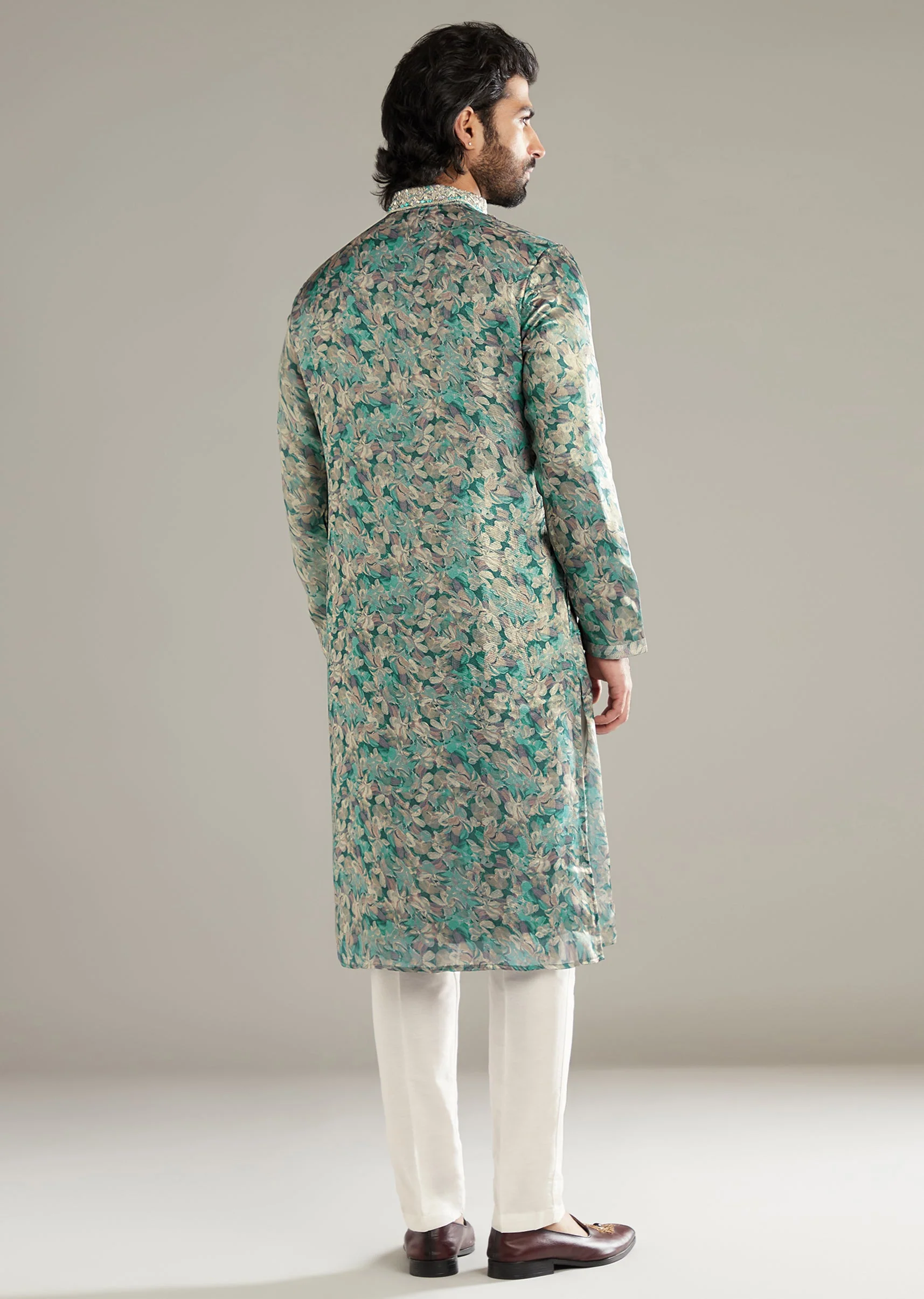 Aqua Blue Silk Kurta Set For Men With Hand Embroidery And Floral Print - Image 5