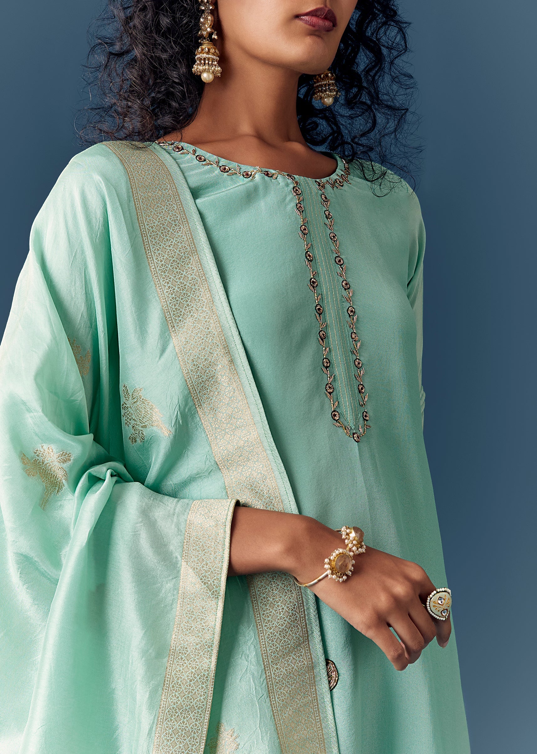 Aqua Blue Tissue Anarkali Set With Dupatta - Image 2