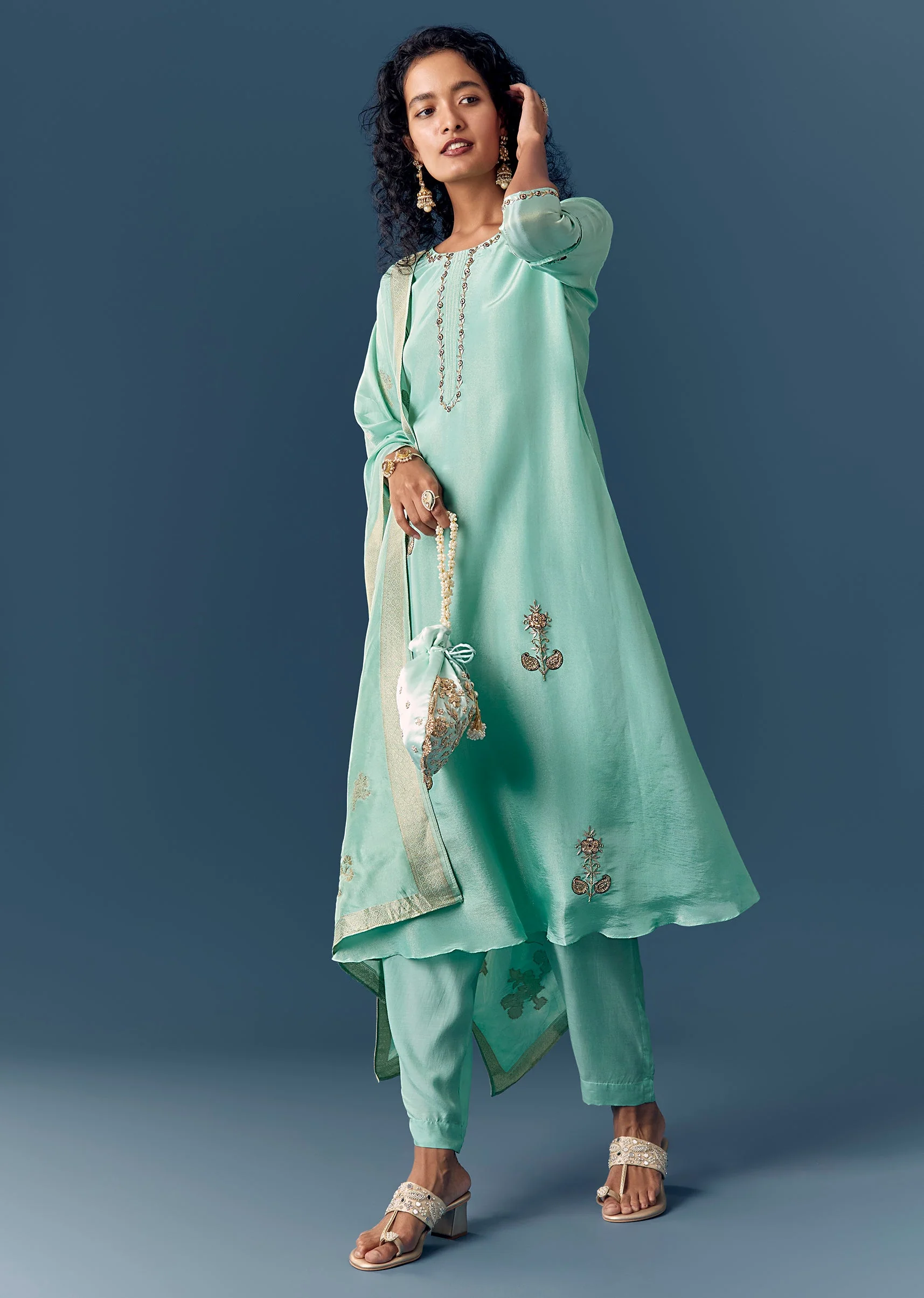 Aqua Blue Tissue Anarkali Set With Dupatta - Image 3