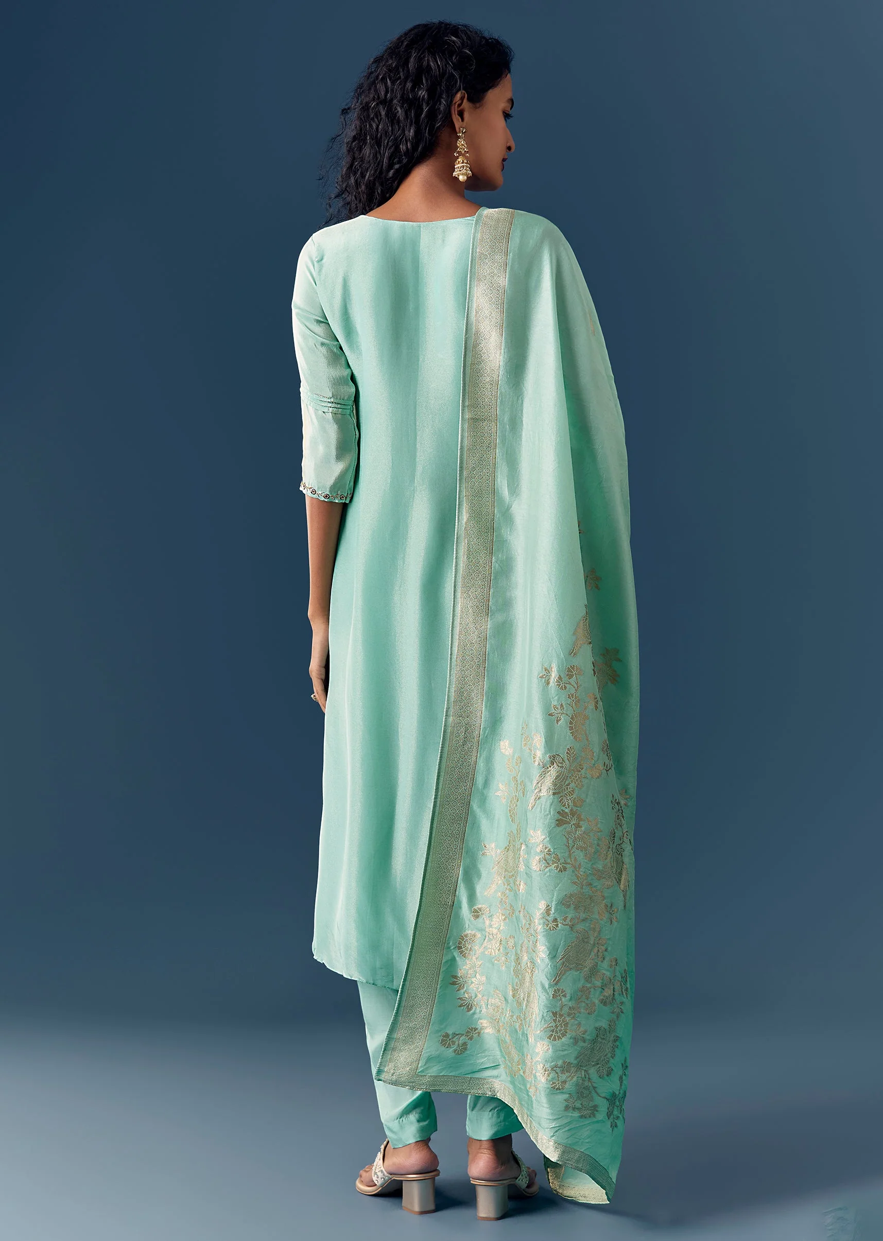 Aqua Blue Tissue Anarkali Set With Dupatta - Image 5
