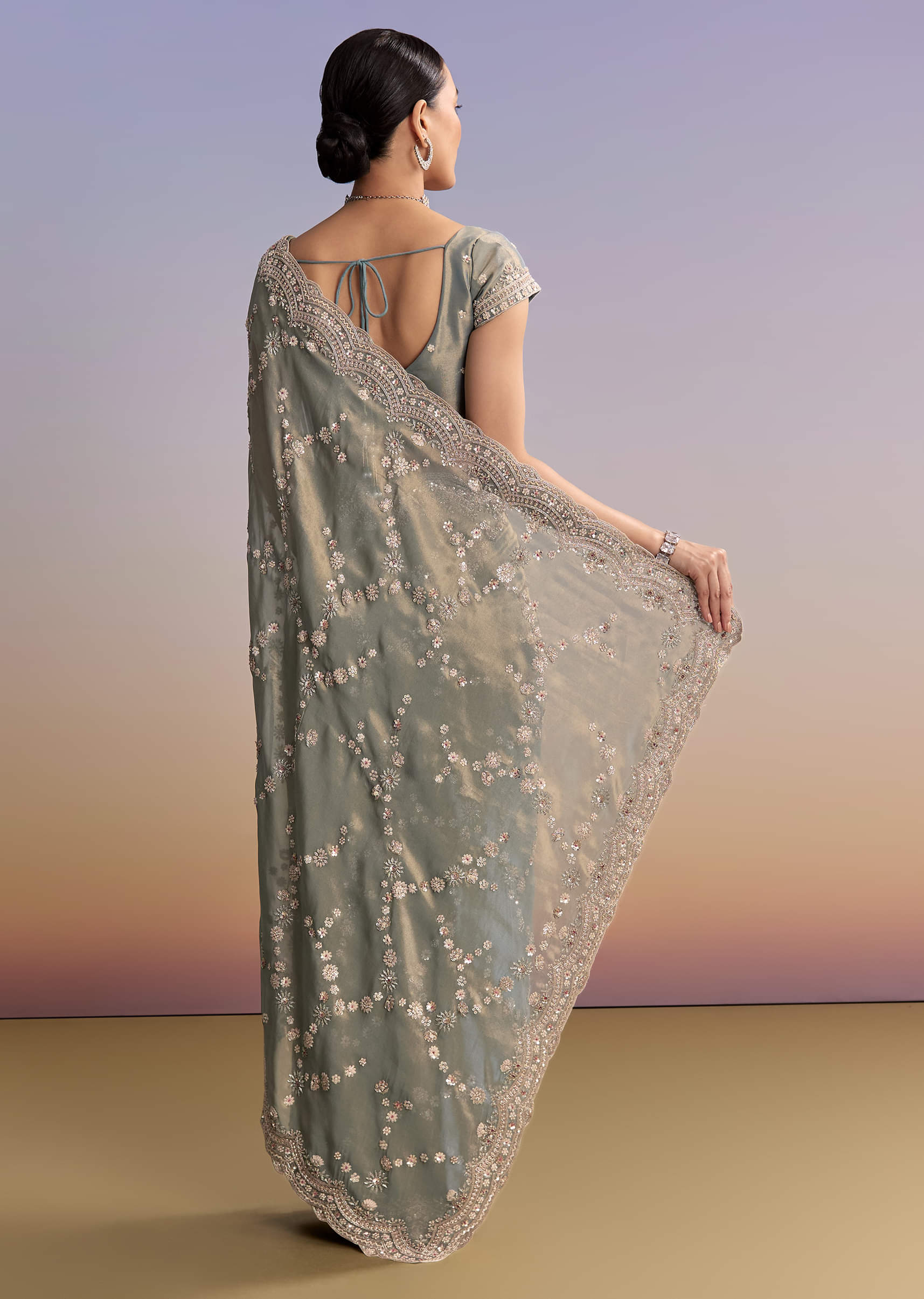 Aqua Blue Tissue Embroidered Saree With Cutdana And Stone Work - Image 4