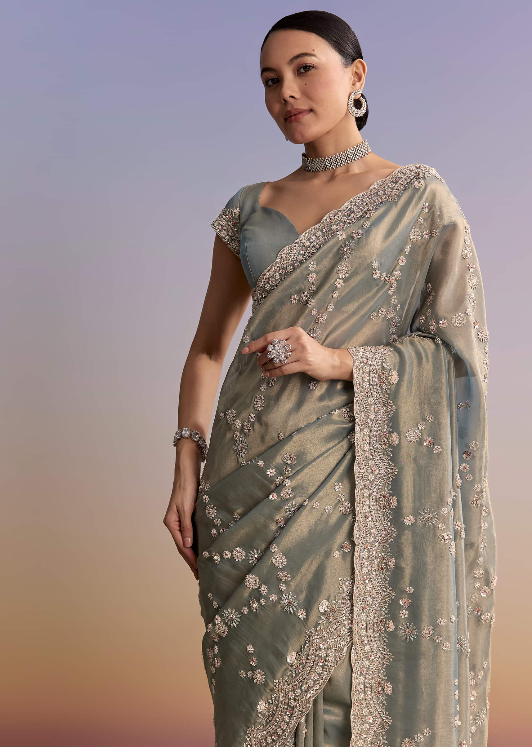 Aqua Blue Tissue Embroidered Saree With Cutdana And Stone Work - Image 5