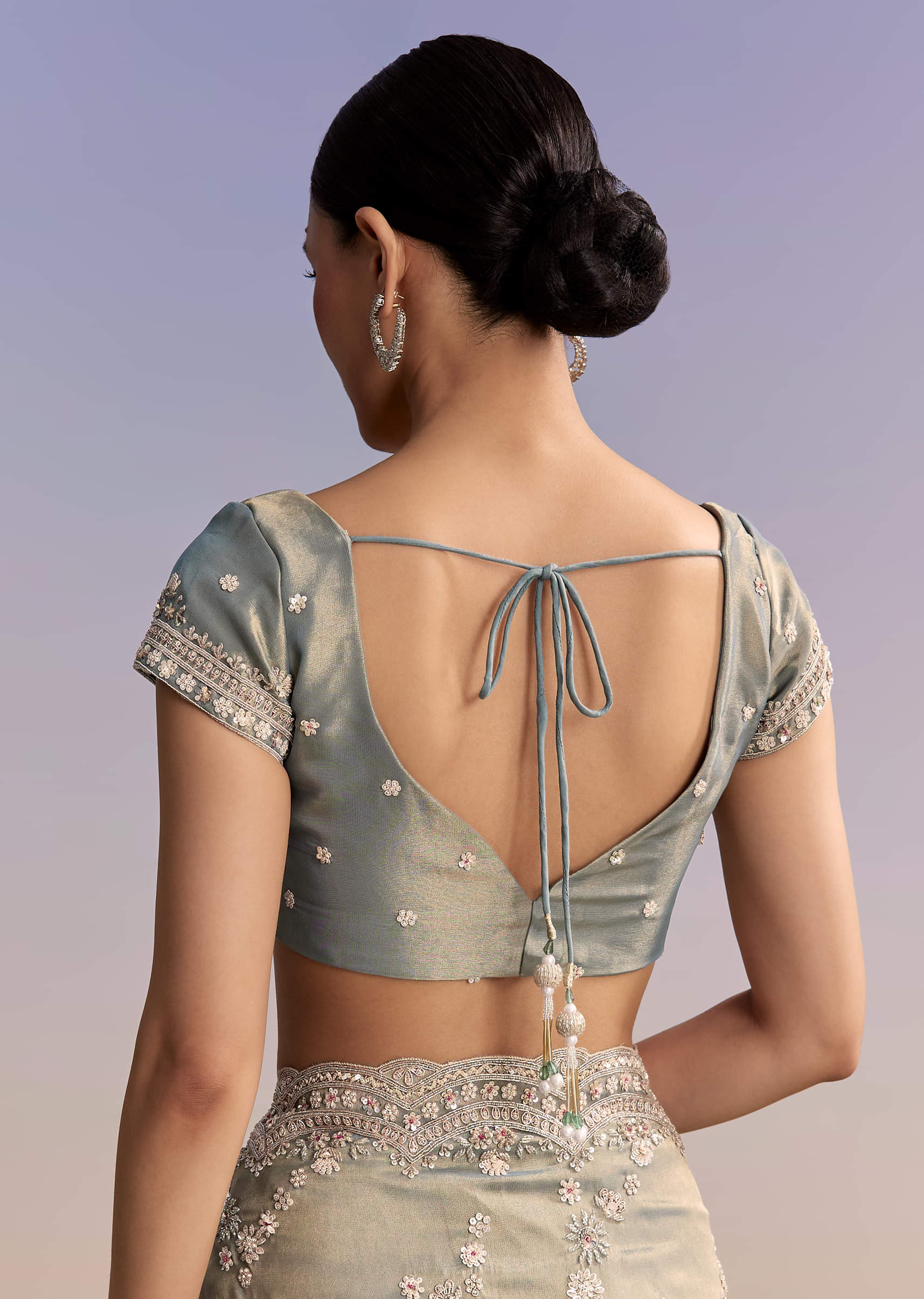 Aqua Blue Tissue Embroidered Saree With Cutdana And Stone Work - Image 8