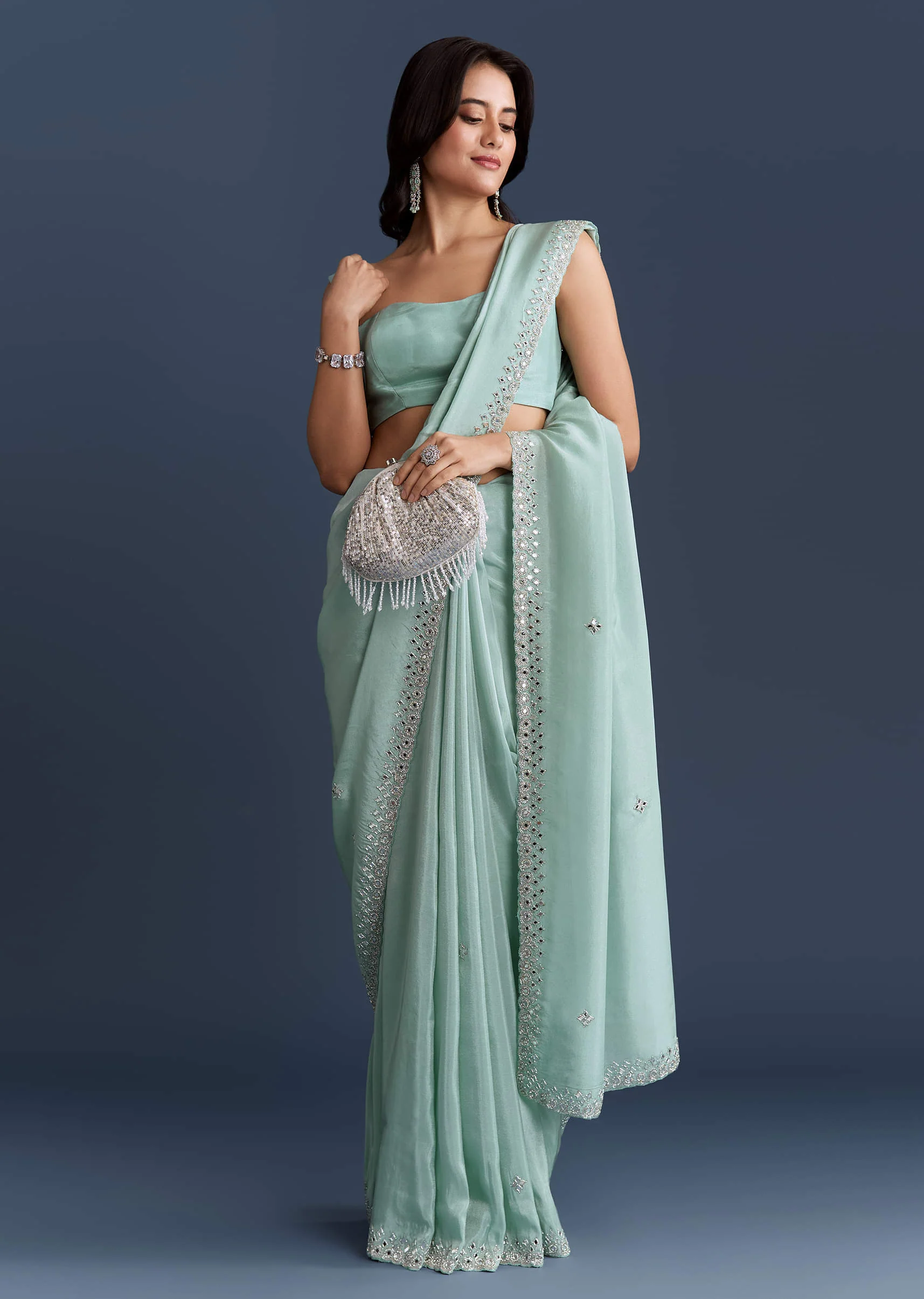 Aqua Blue Tissue Saree With Heavy Hand Embroidery - Image 3