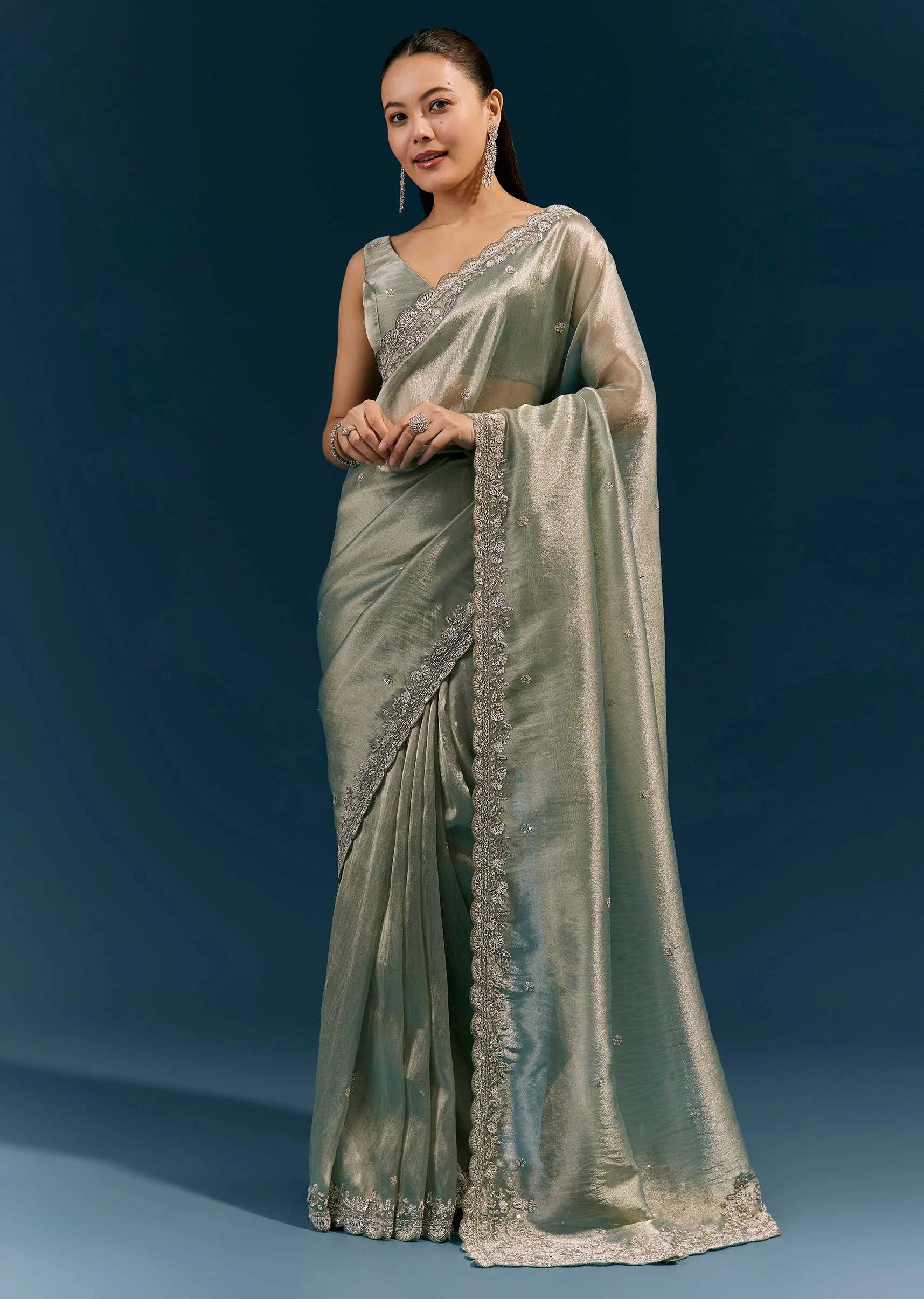 Aqua Blue Tissue Saree With Scalloped Hand Embroidered Border And Butti - Image 3