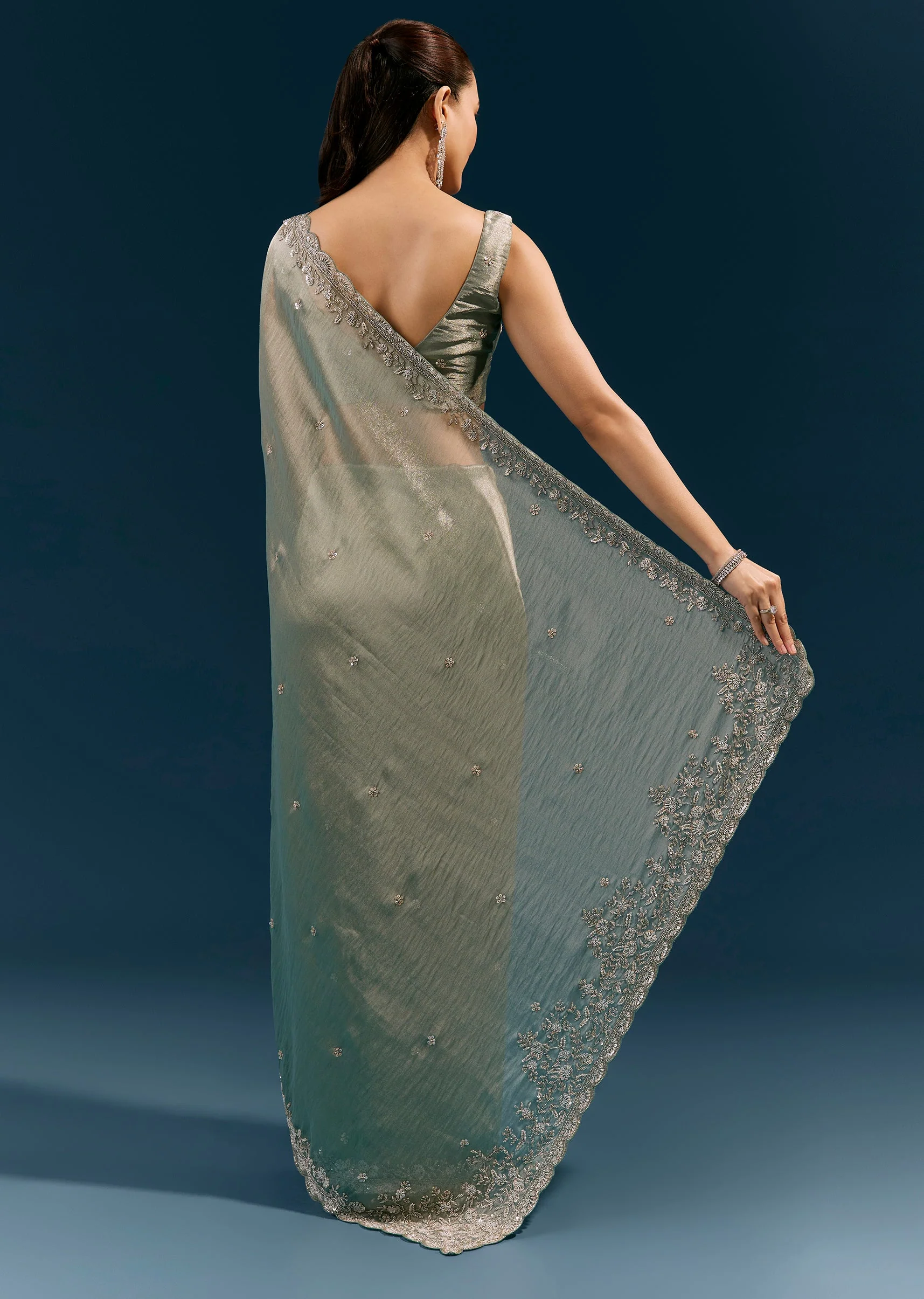 Aqua Blue Tissue Saree With Scalloped Hand Embroidered Border And Butti - Image 4
