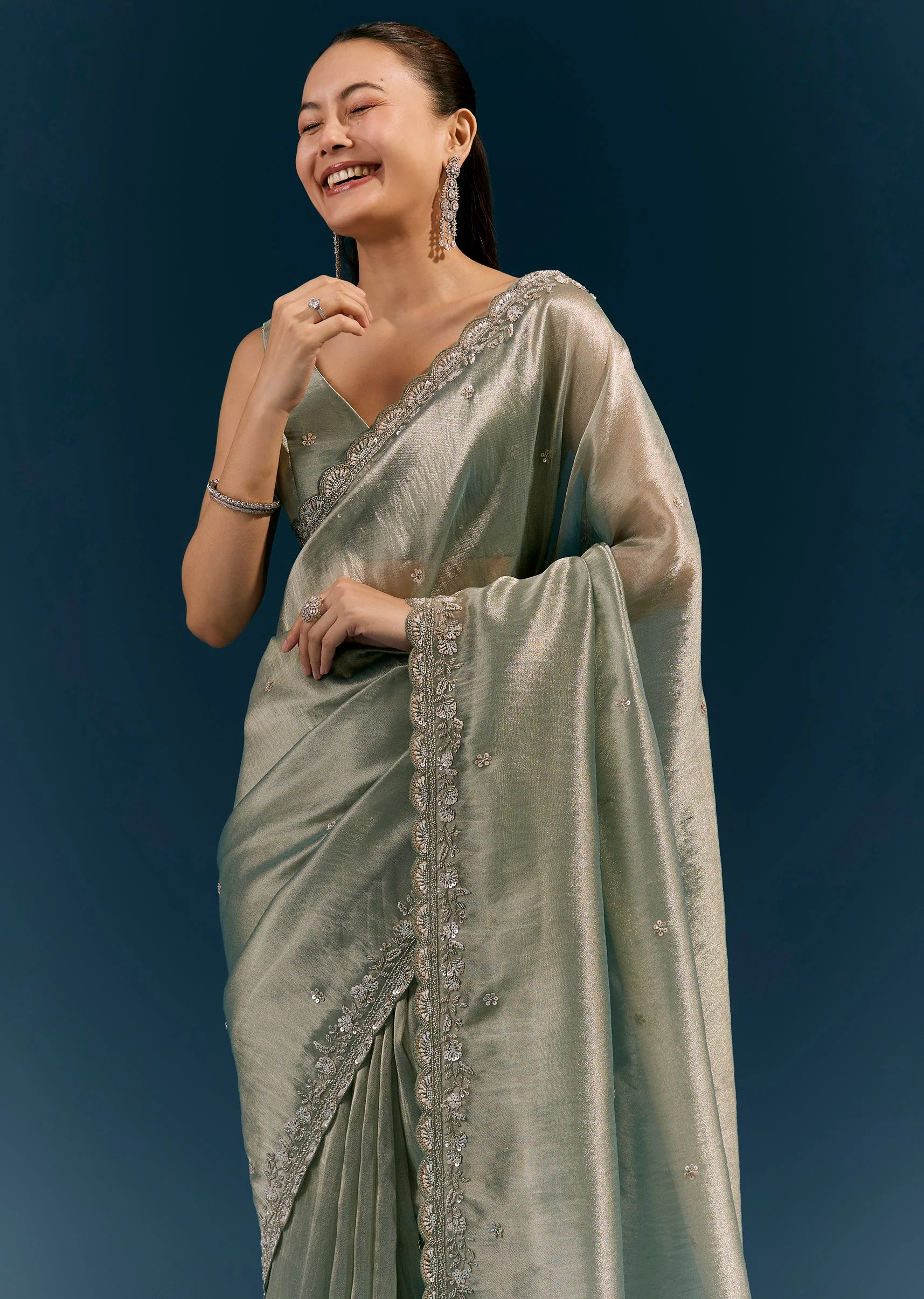 Aqua Blue Tissue Saree With Scalloped Hand Embroidered Border And Butti - Image 5