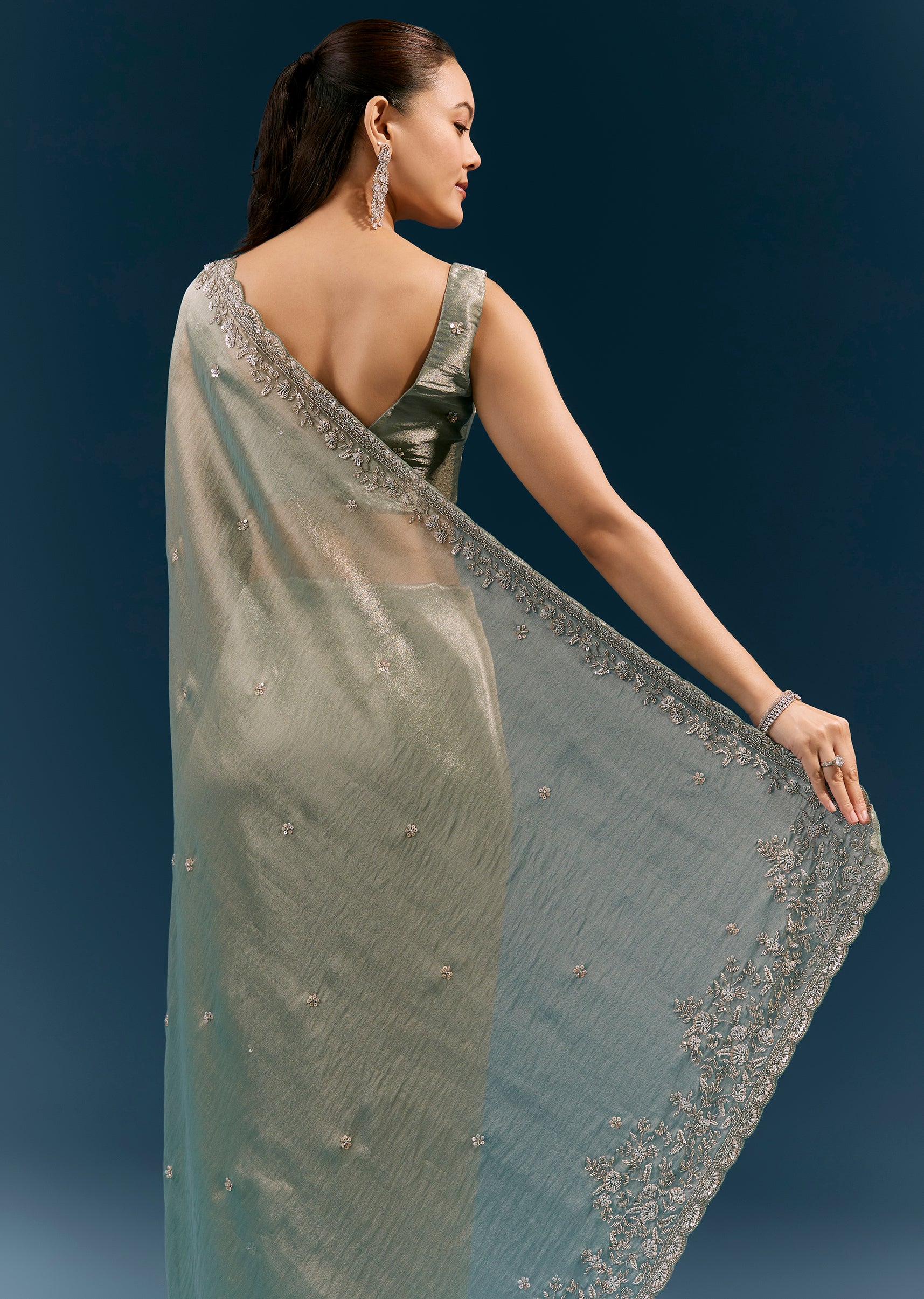 Aqua Blue Tissue Saree With Scalloped Hand Embroidered Border And Butti - Image 6