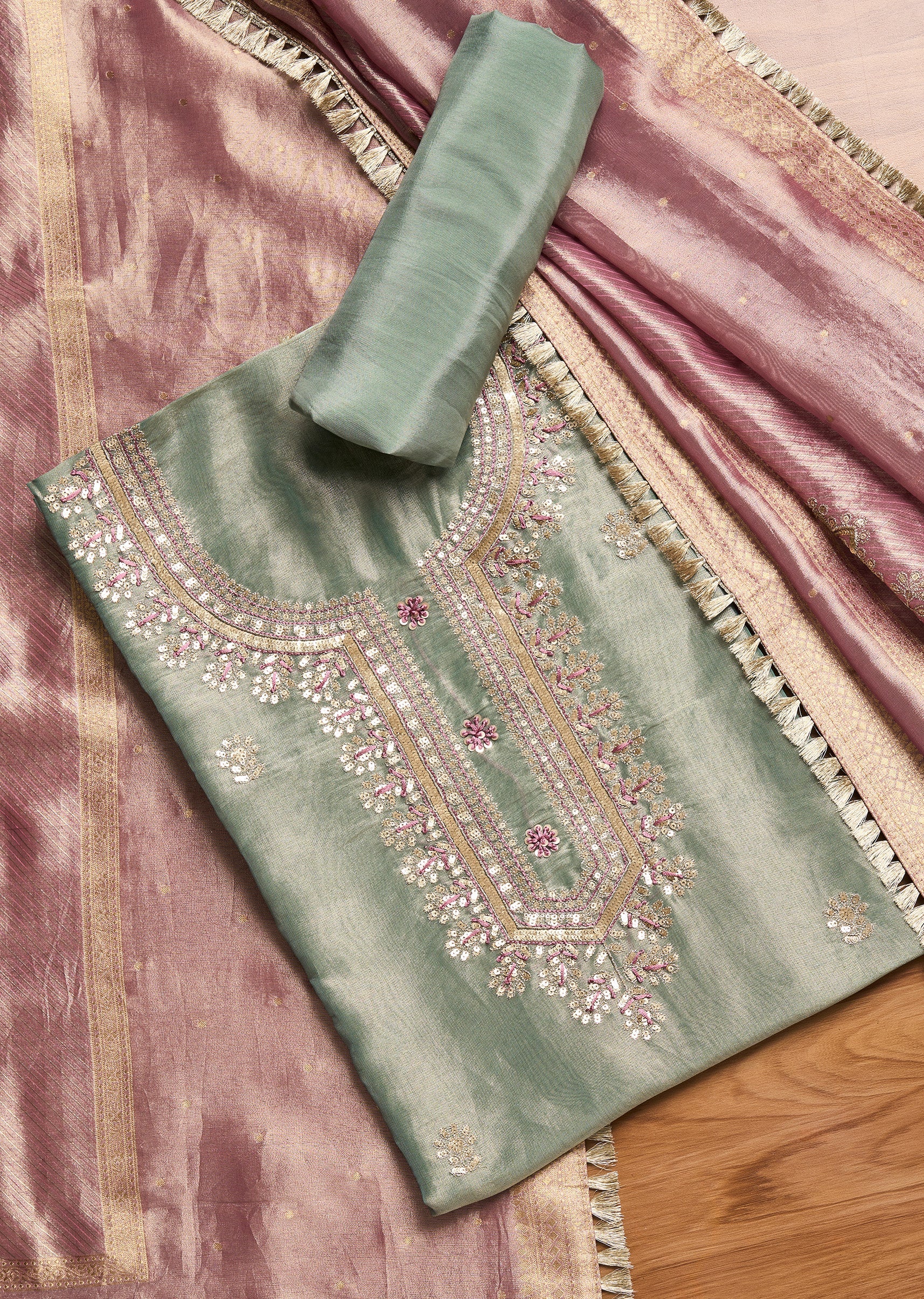 Aqua Blue Tissue Unstitched Suit With Dupatta