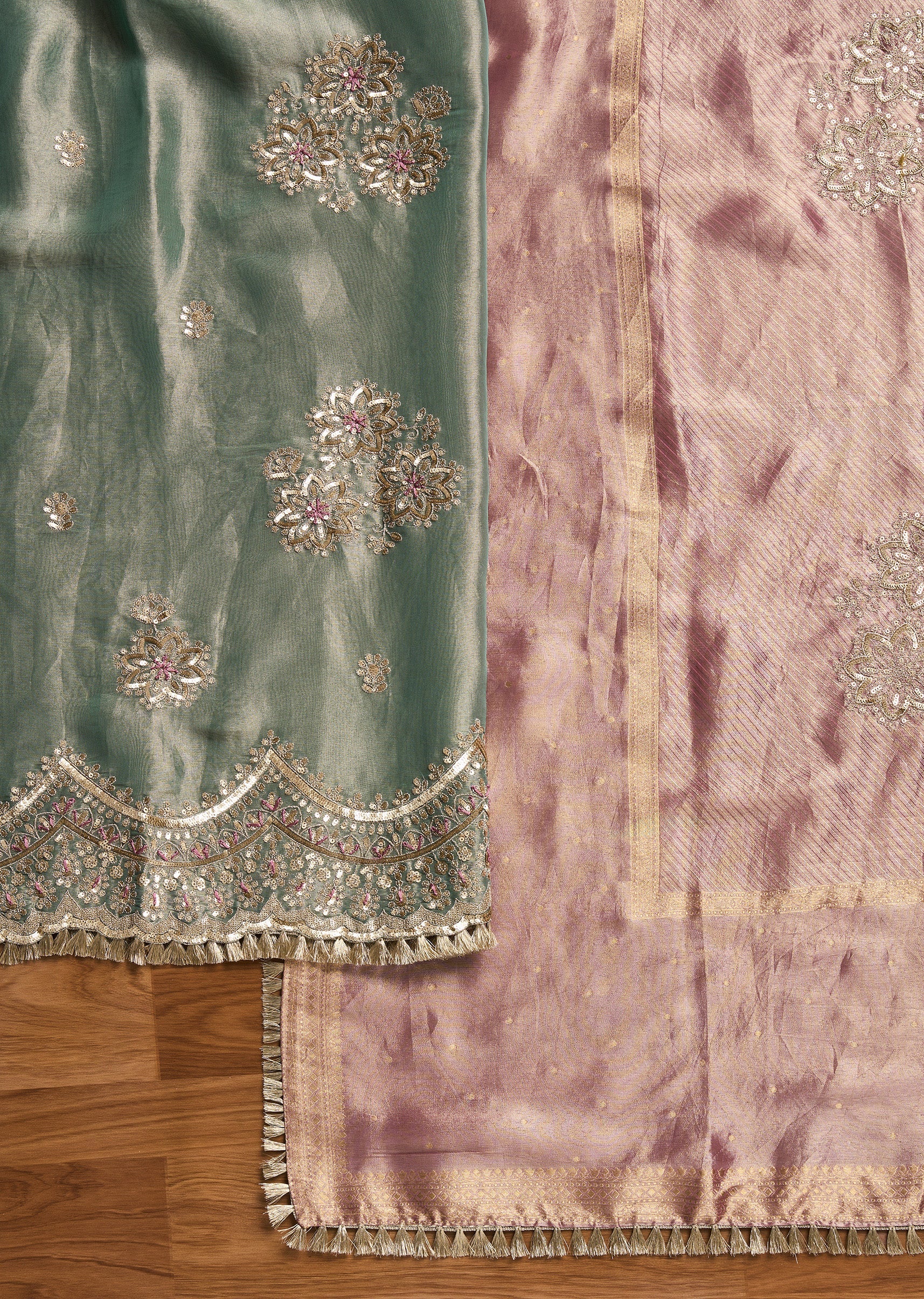 Aqua Blue Tissue Unstitched Suit With Dupatta - Image 3