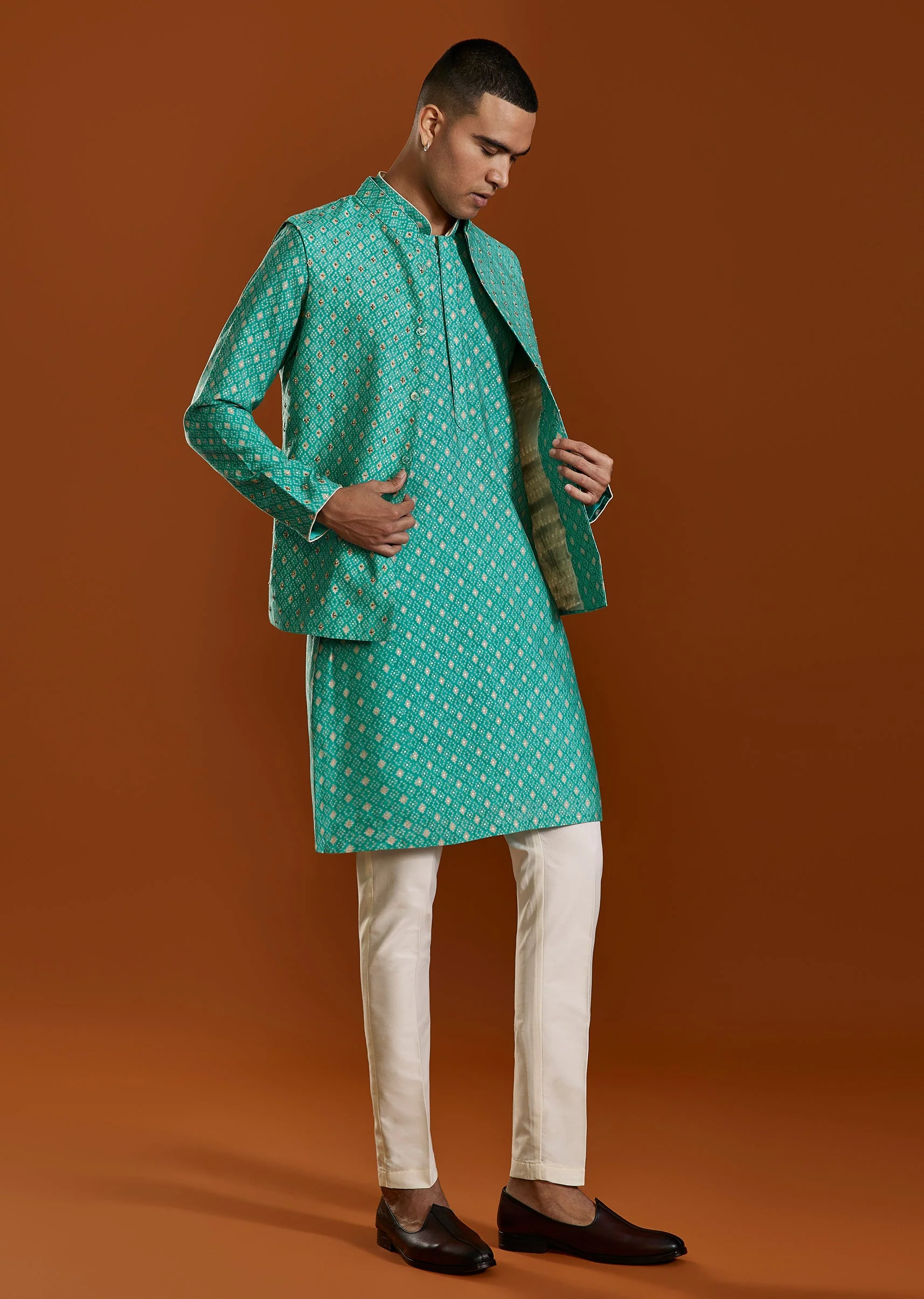 Aqua Festive Duo – Leheriya Suit For Her And Jacket Kurta Set For Him - Image 10