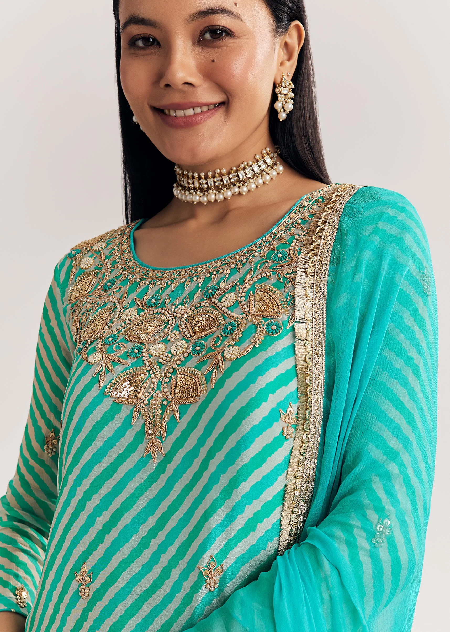 Aqua Festive Duo – Leheriya Suit For Her And Jacket Kurta Set For Him - Image 2