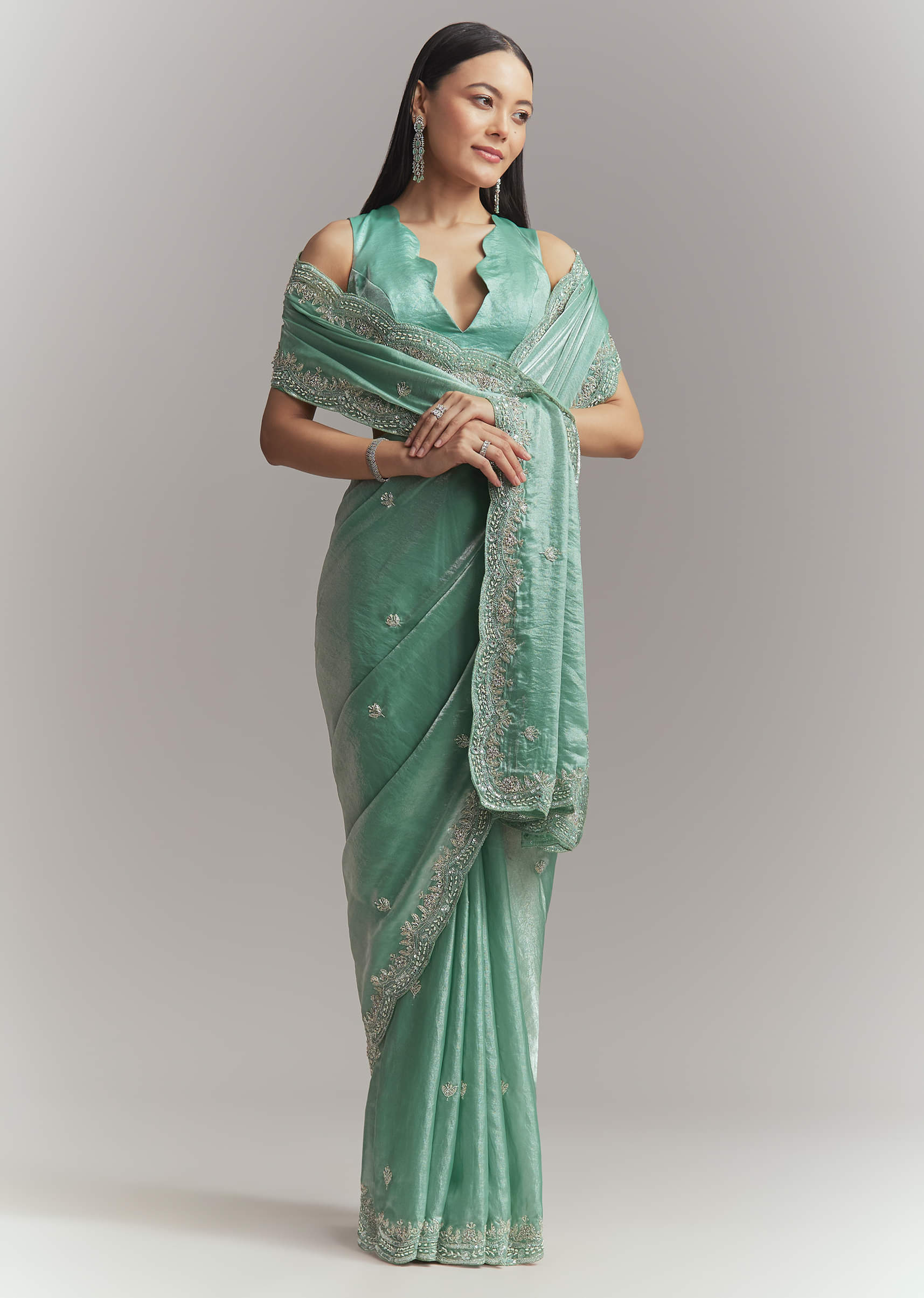 Aqua Green Chinon Embroidered Saree With Floral Embroidery - Image 10