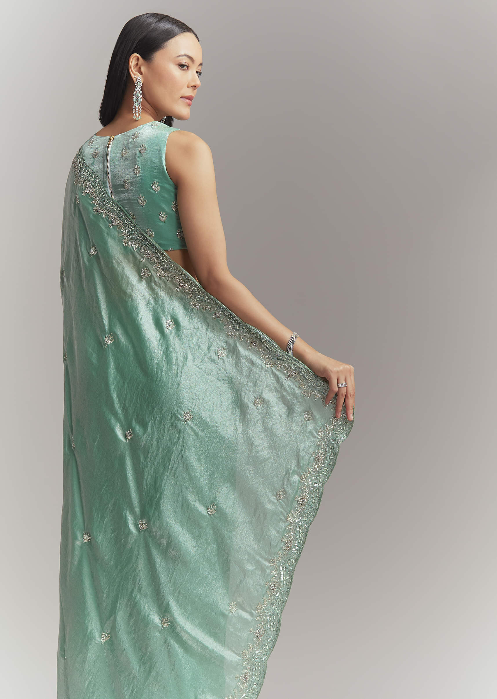 Aqua Green Chinon Embroidered Saree With Floral Embroidery - Image 6