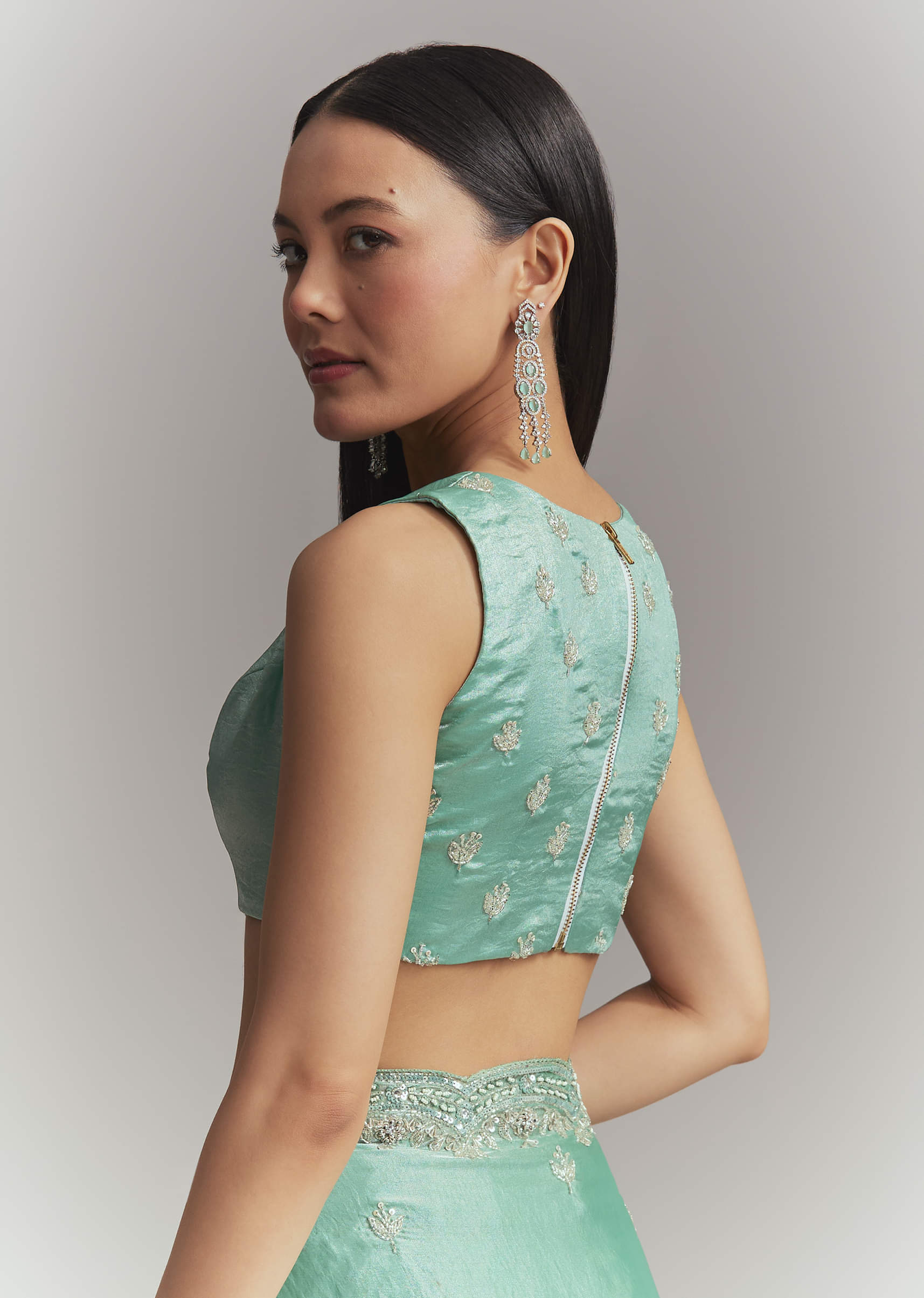 Aqua Green Chinon Embroidered Saree With Floral Embroidery - Image 8