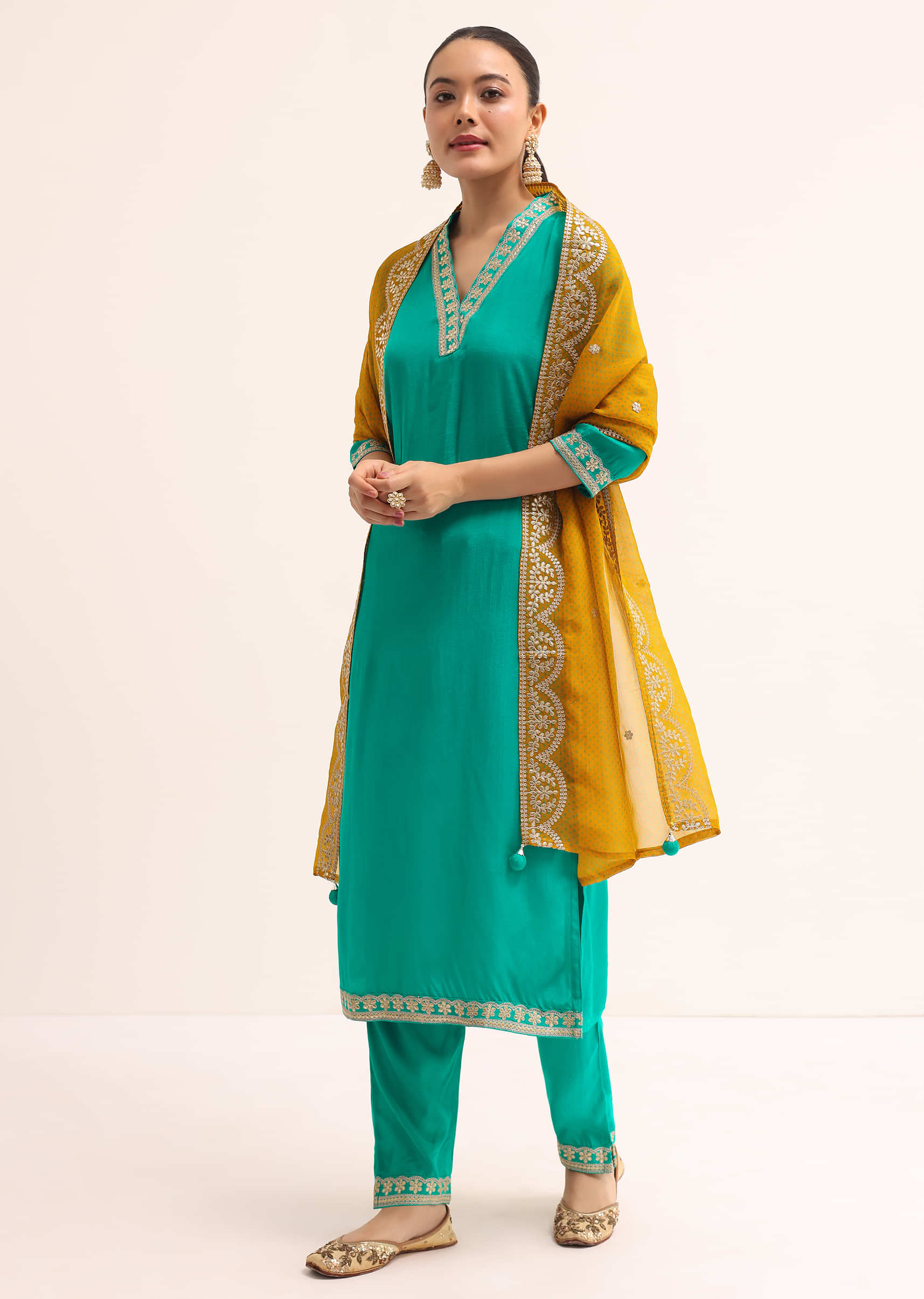 Aqua Green Cotton Silk Kurta Set With Dupatta - Image 2