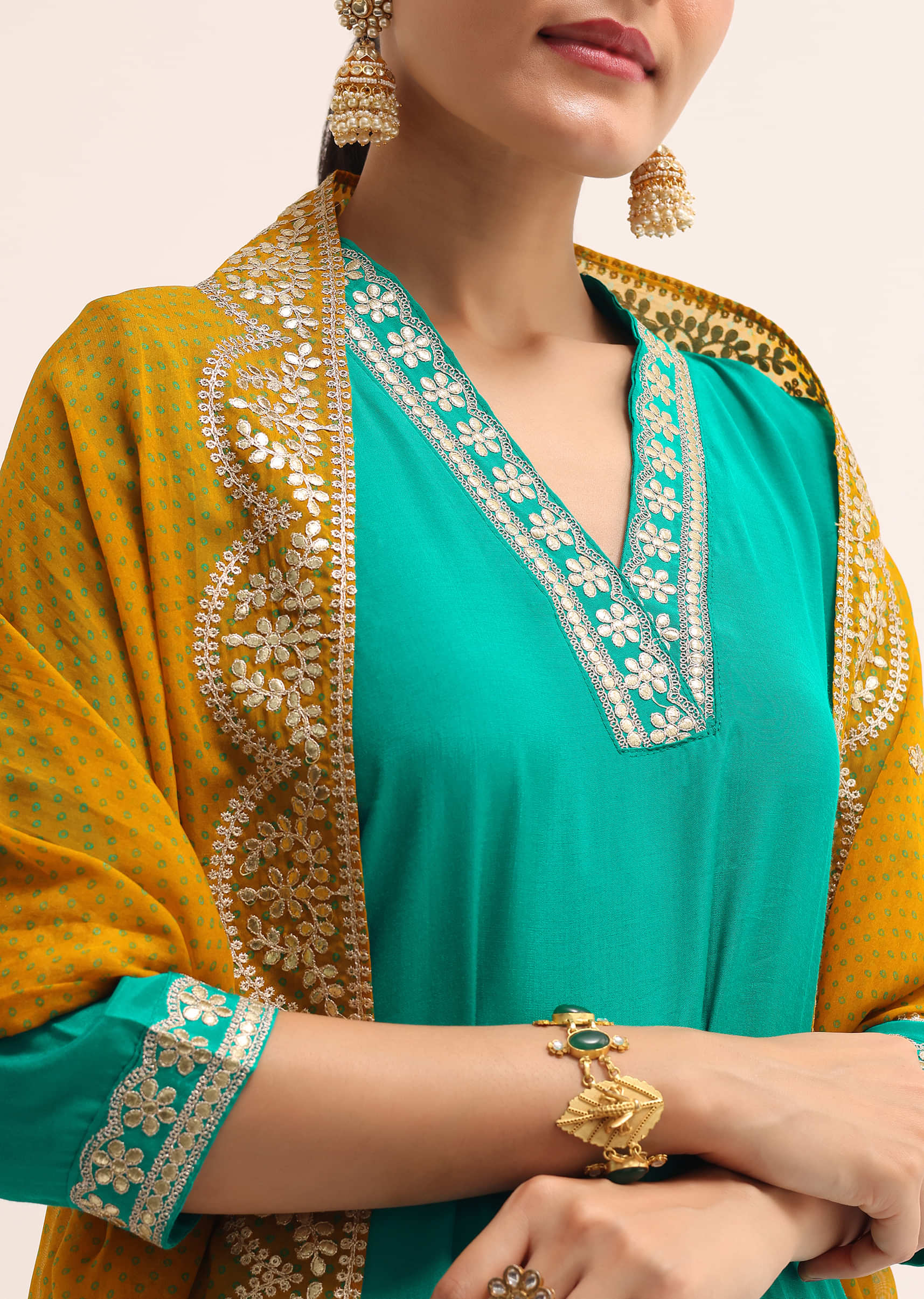 Aqua Green Cotton Silk Kurta Set With Dupatta - Image 3