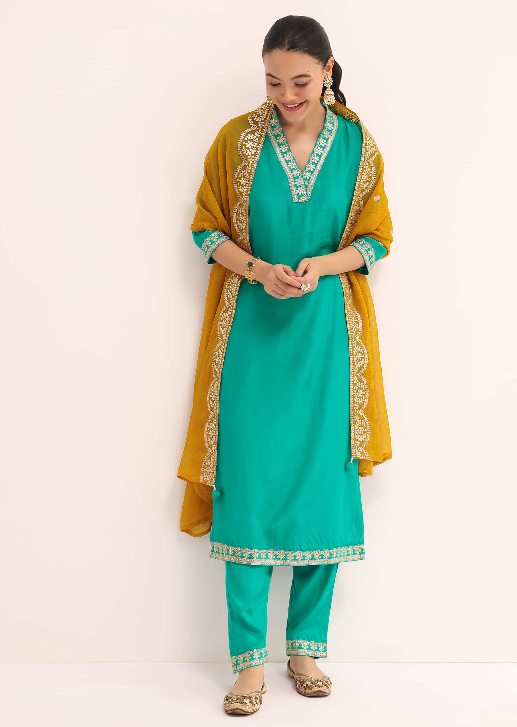 Aqua Green Cotton Silk Kurta Set With Dupatta - Image 4