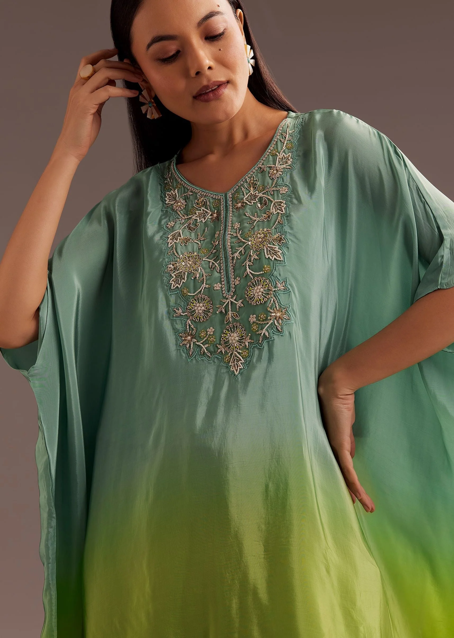 Aqua Green Ombre Moti Zardosi Kaftan Kurta Dhoti Set - Image 2