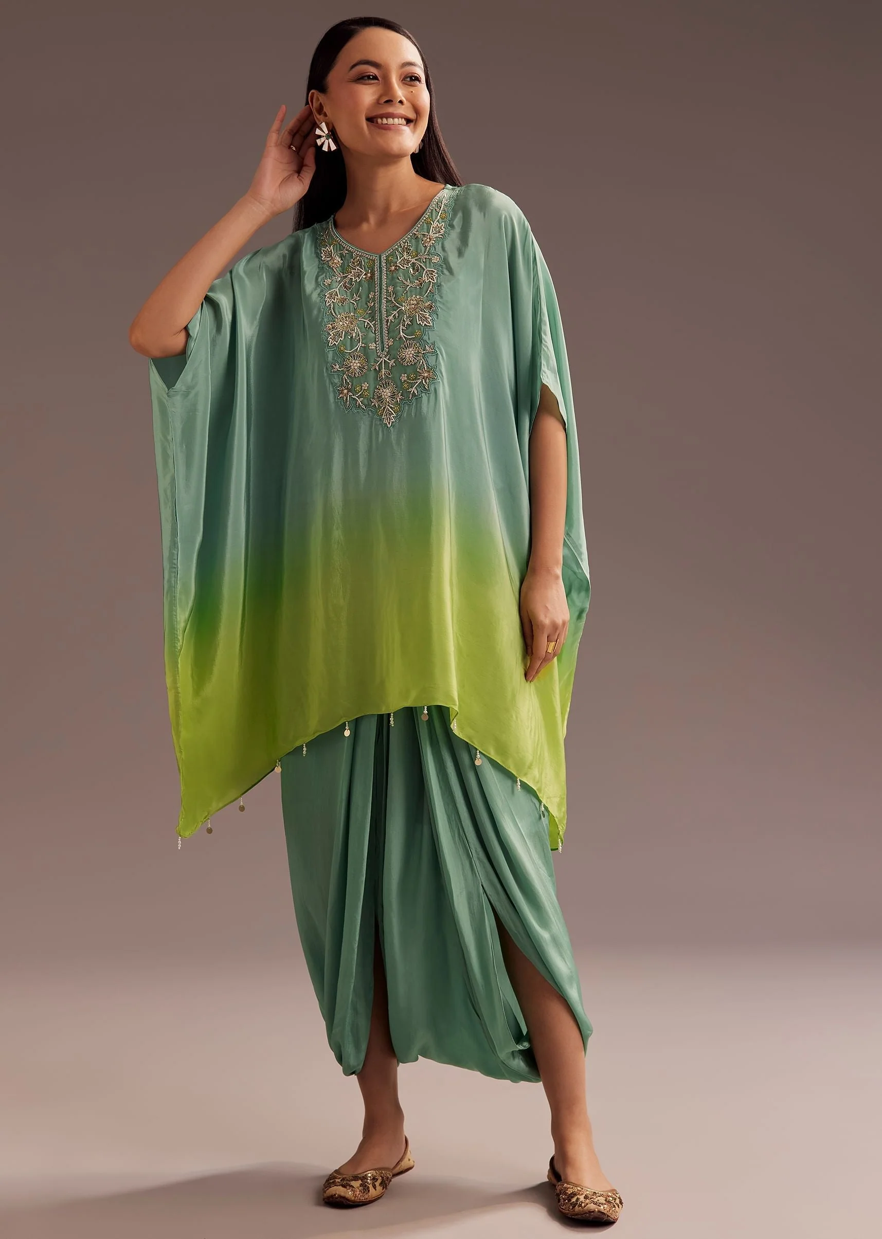 Aqua Green Ombre Moti Zardosi Kaftan Kurta Dhoti Set - Image 3
