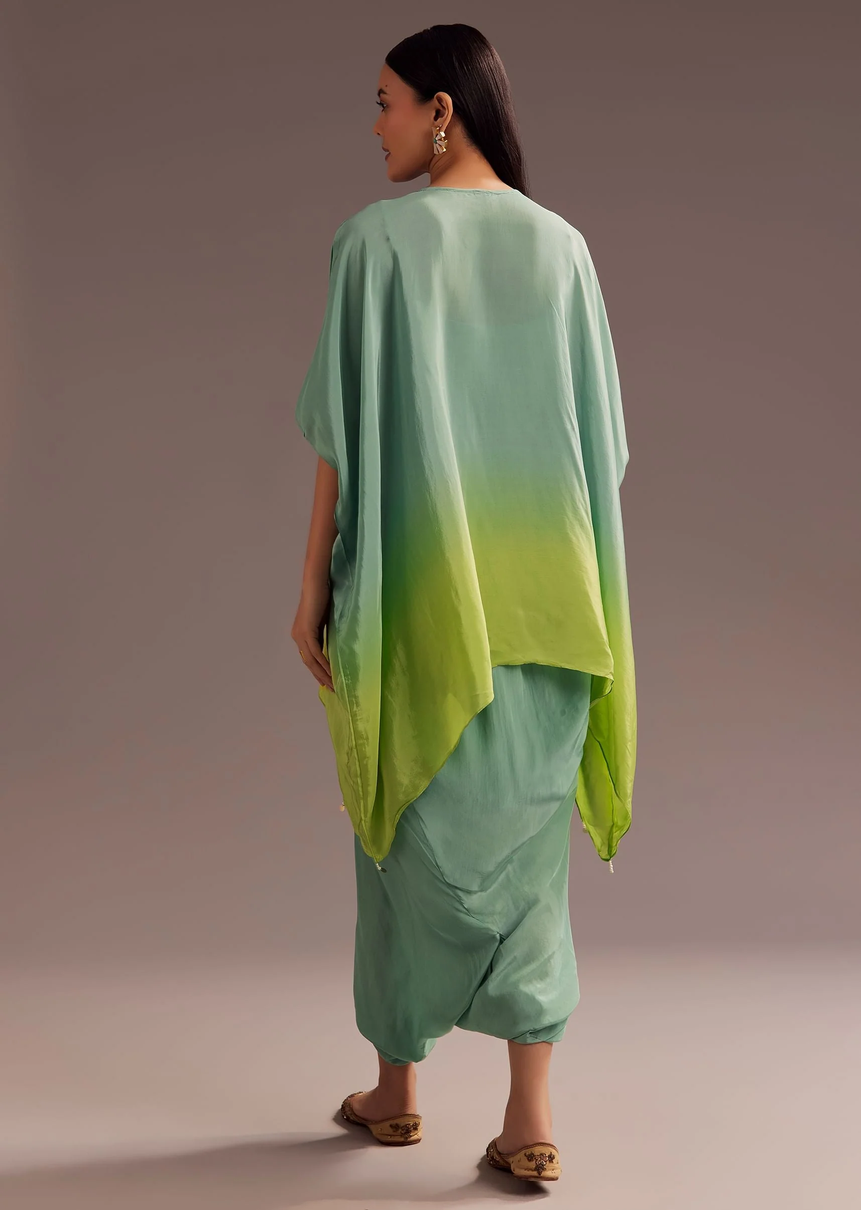Aqua Green Ombre Moti Zardosi Kaftan Kurta Dhoti Set - Image 5