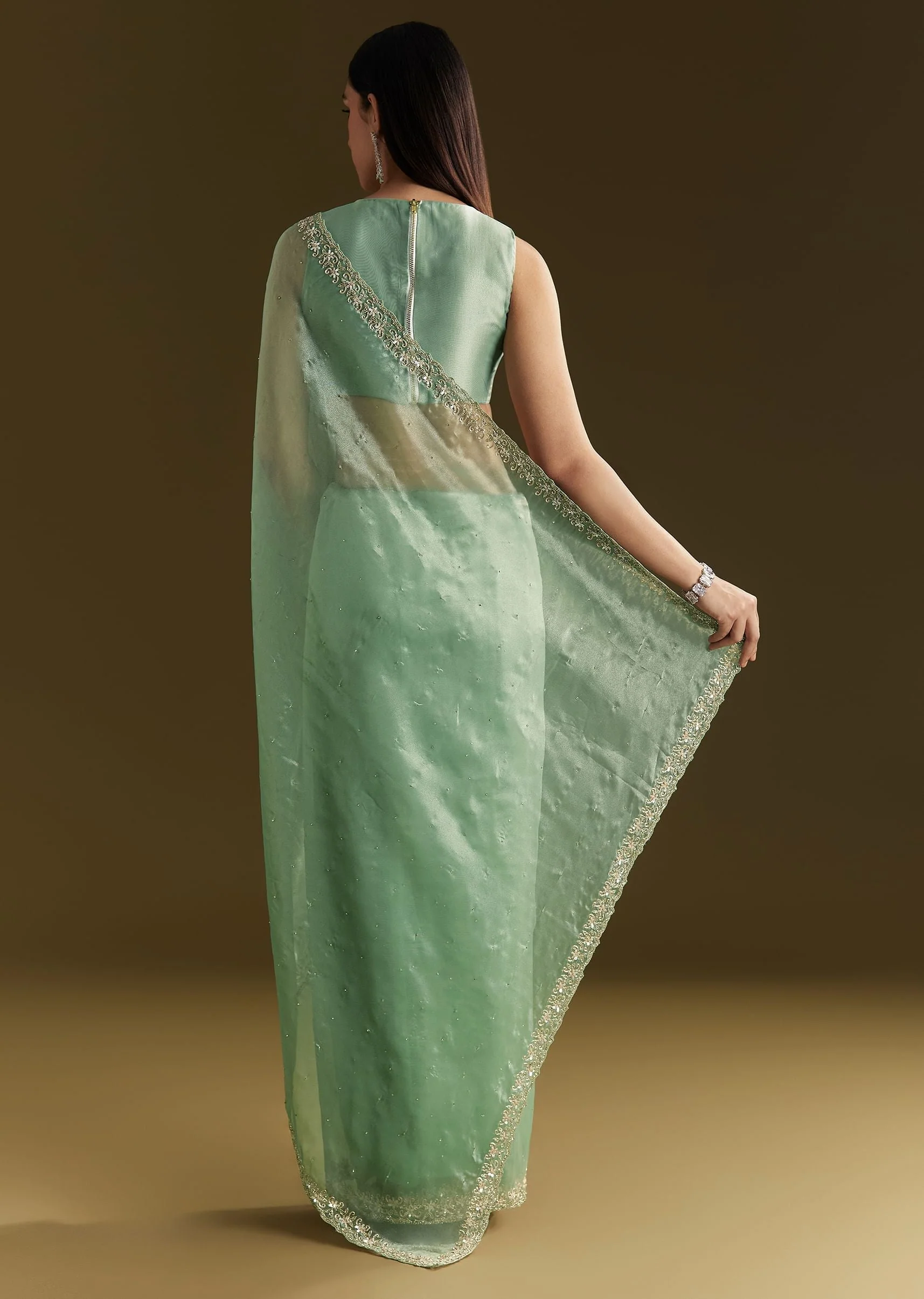 Aqua Green Organza Embroidered Saree With Scallop Border - Image 4